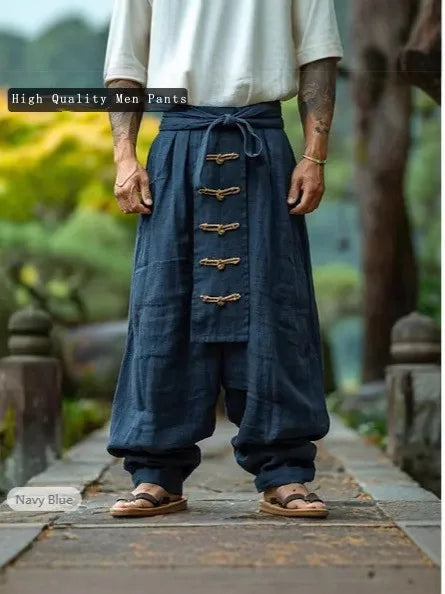 Men’s Cotton Linen Wide Leg Pants, Lace-up Vintage Streetwear