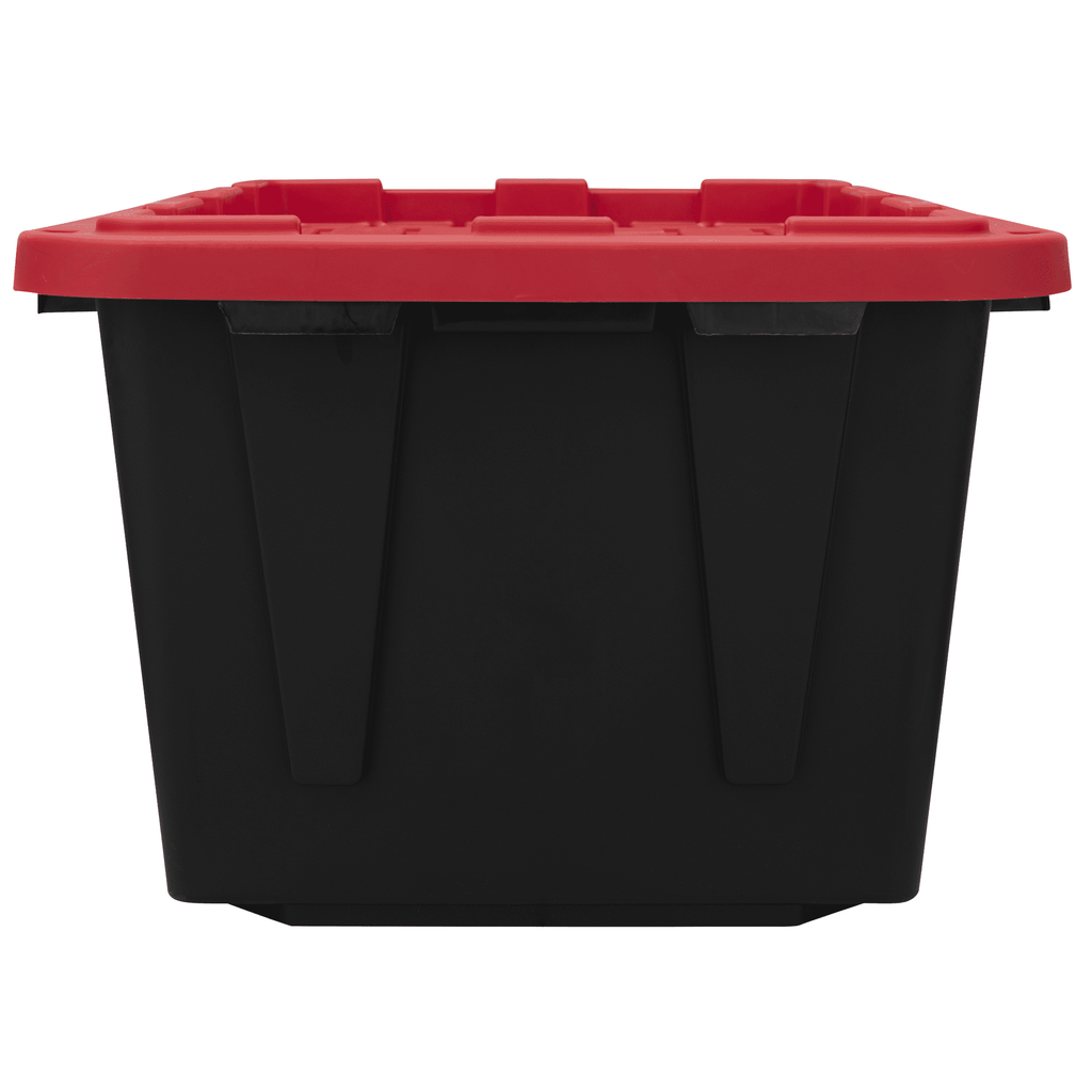 Hyper Tough Large Storage Bin, 27 Gallon Plastic Storage Container with Snap-On Lid, Black and Red