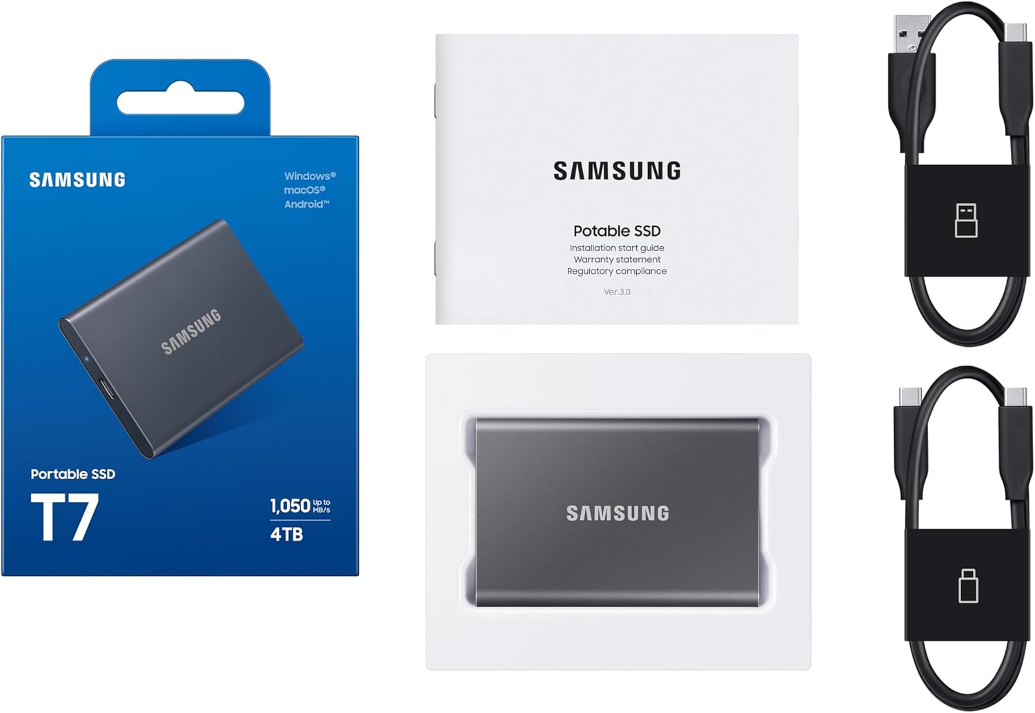 Samsung T7 1TB Portable SSD, USB 3.2 Gen 2, Gray, 1050MB/s