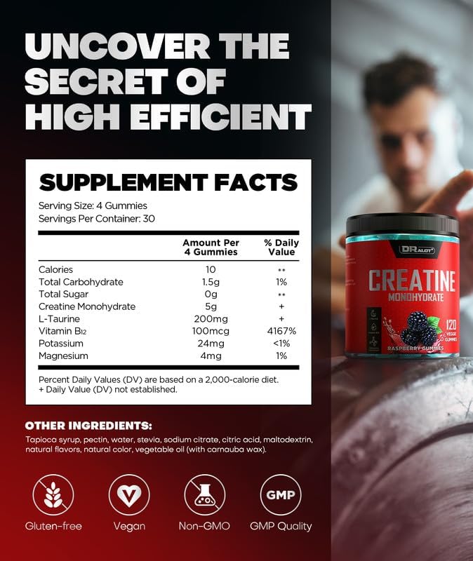 Dralot Creatine Gummies, 5000mg, Vegan Pre-Workout Boost