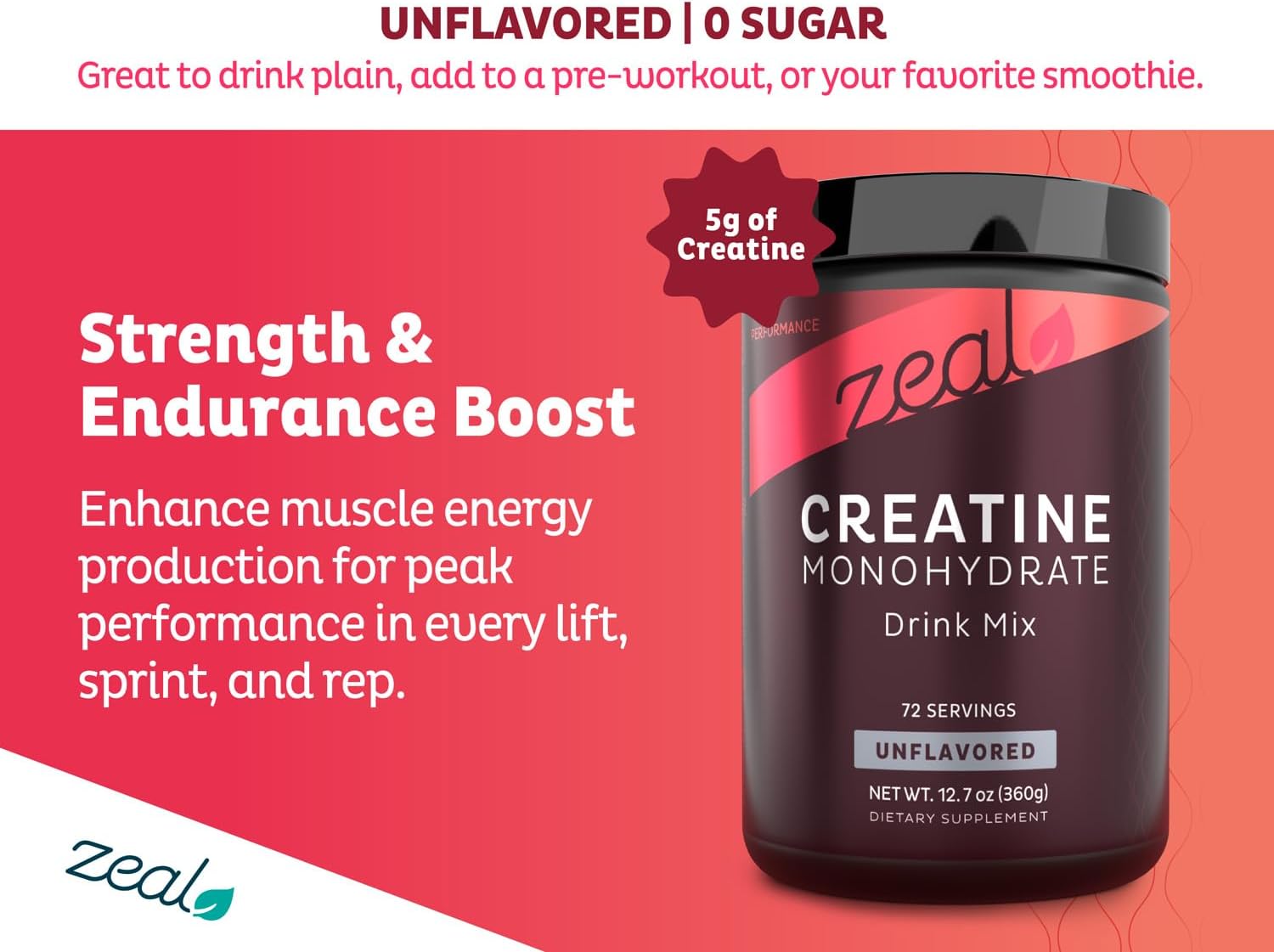 Zeal Micronized Creatine Monohydrate Powder, 5g, 72 Servings
