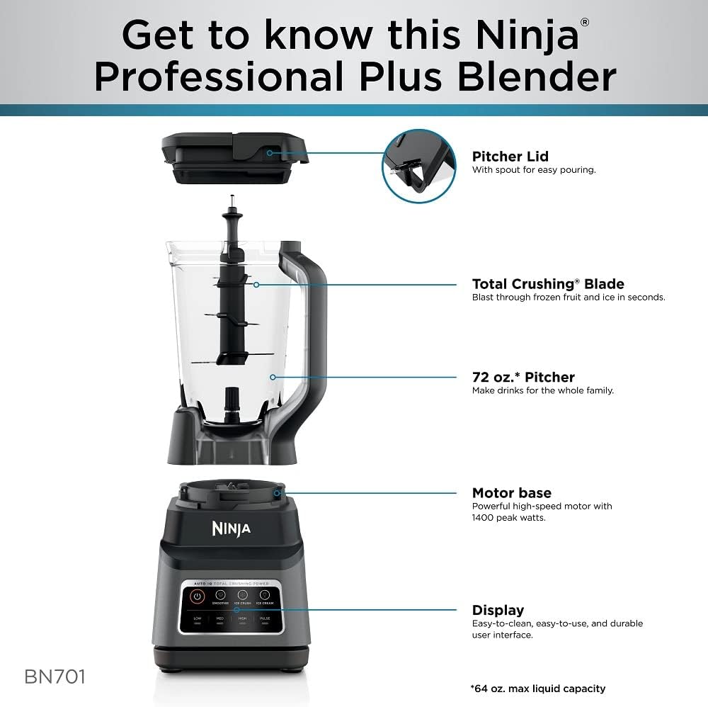 Ninja BN701 Blender – 1400W, 3 Auto-iQ Functions, 72-oz Pitcher, Dark Grey