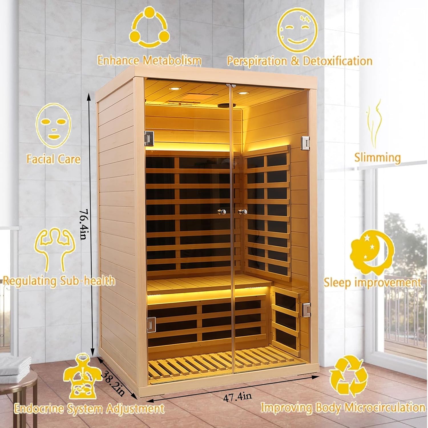Hemlock 2 Person Low EMF Far Infrared Sauna, Home Indoor Sauna, Luxury Tempered Glass Doors