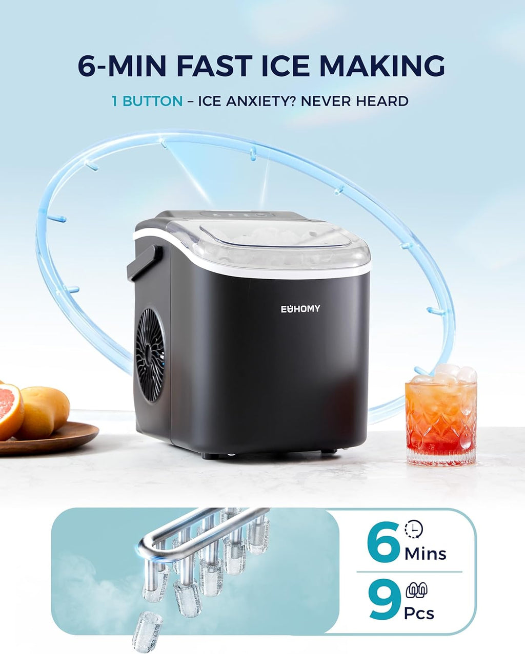 EUHOMY Countertop Ice Maker Machine with Handle, 26lbs in 24Hrs, 9 Ice Cubes Ready in 6 Mins, Auto-Cleaning Portable Ice Maker with Basket and Scoop