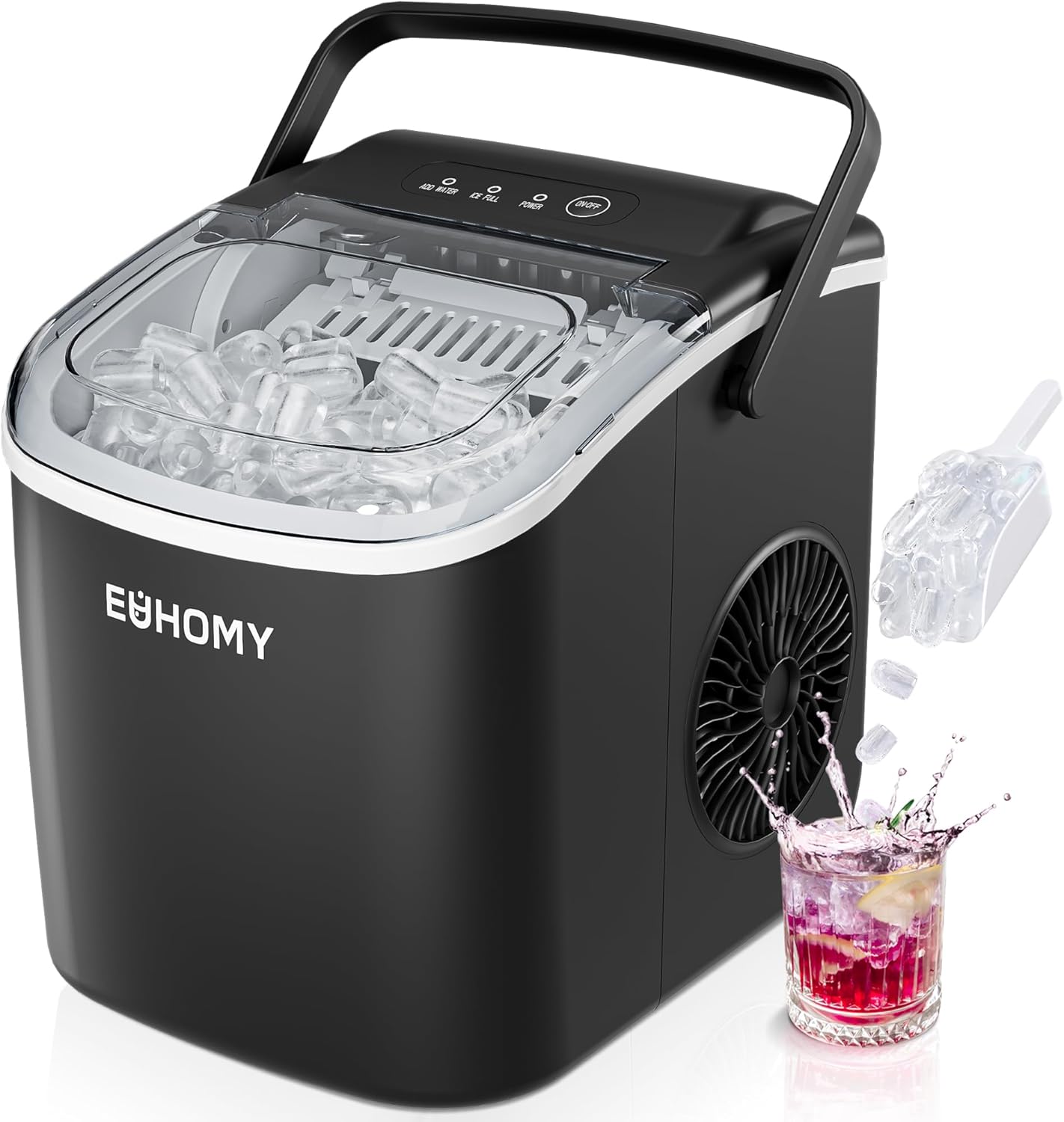EUHOMY Countertop Ice Maker Machine with Handle, 26lbs in 24Hrs, 9 Ice Cubes Ready in 6 Mins, Auto-Cleaning Portable Ice Maker with Basket and Scoop