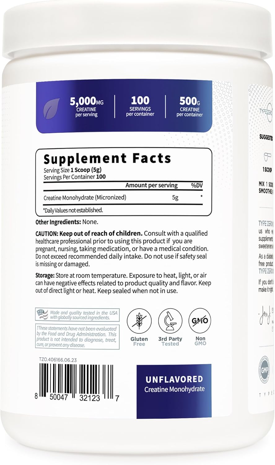 Type Zero Creatine Monohydrate, 500g, Micronized, Unflavored