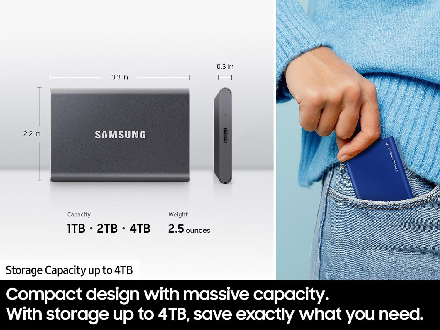 Samsung T7 1TB Portable SSD, USB 3.2 Gen 2, Gray, 1050MB/s