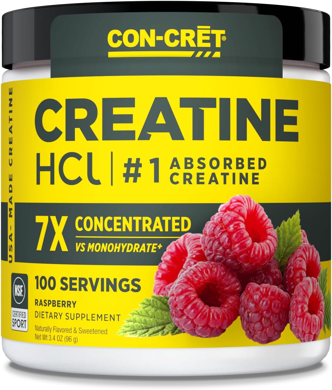 CON-CRET Creatine HCl Powder, Raspberry, 100 Servings