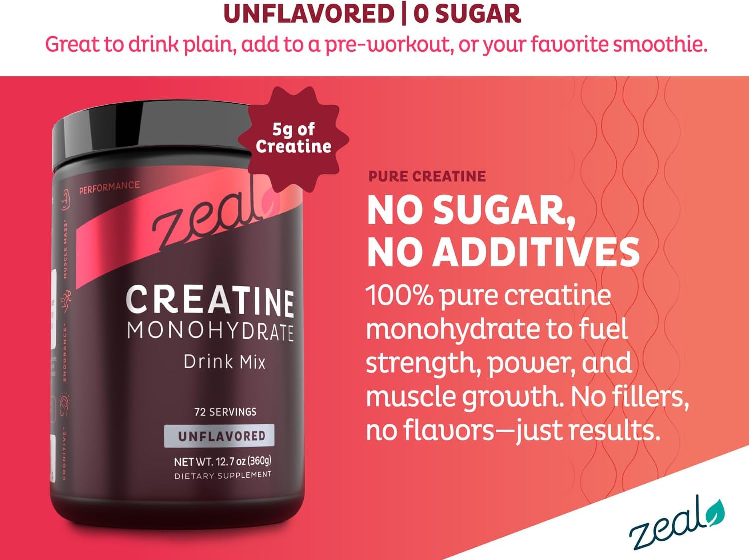 Zeal Micronized Creatine Monohydrate Powder, 5g, 72 Servings