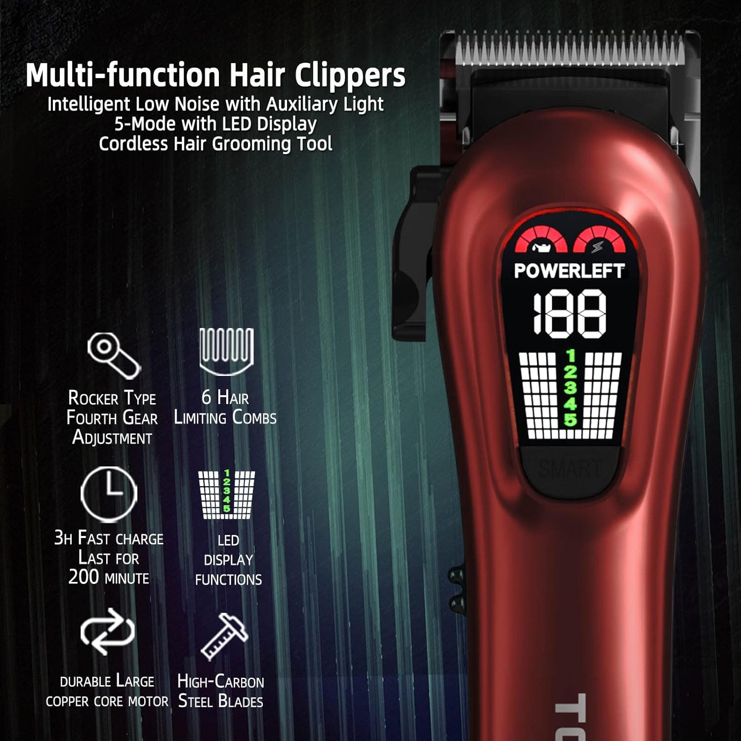 TCMKY Professional Hair Clippers for Men – Cordless/Corded, Rechargeable Trimmer Kit (Red)