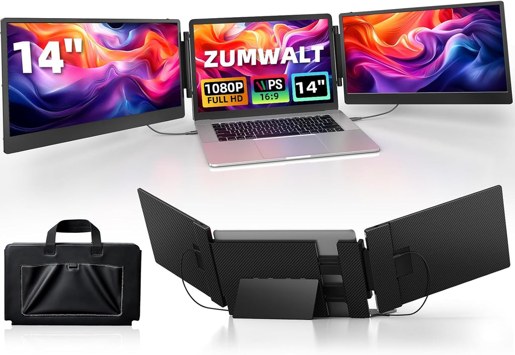 ZUMWALT 14" Triple Laptop Screen Extender, 1080P, Built-in Speakers