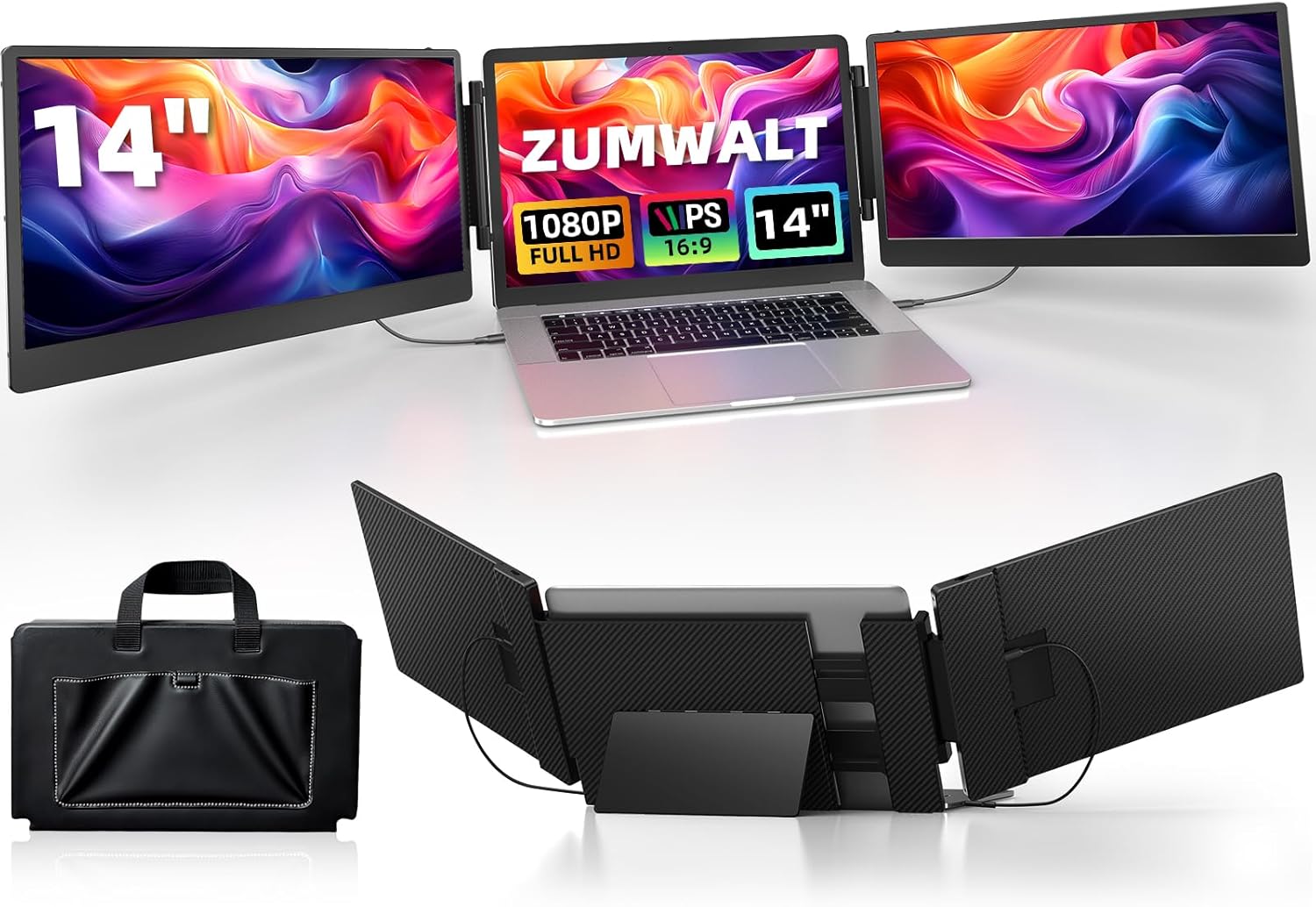 ZUMWALT 14" Triple Laptop Screen Extender, 1080P, Built-in Speakers