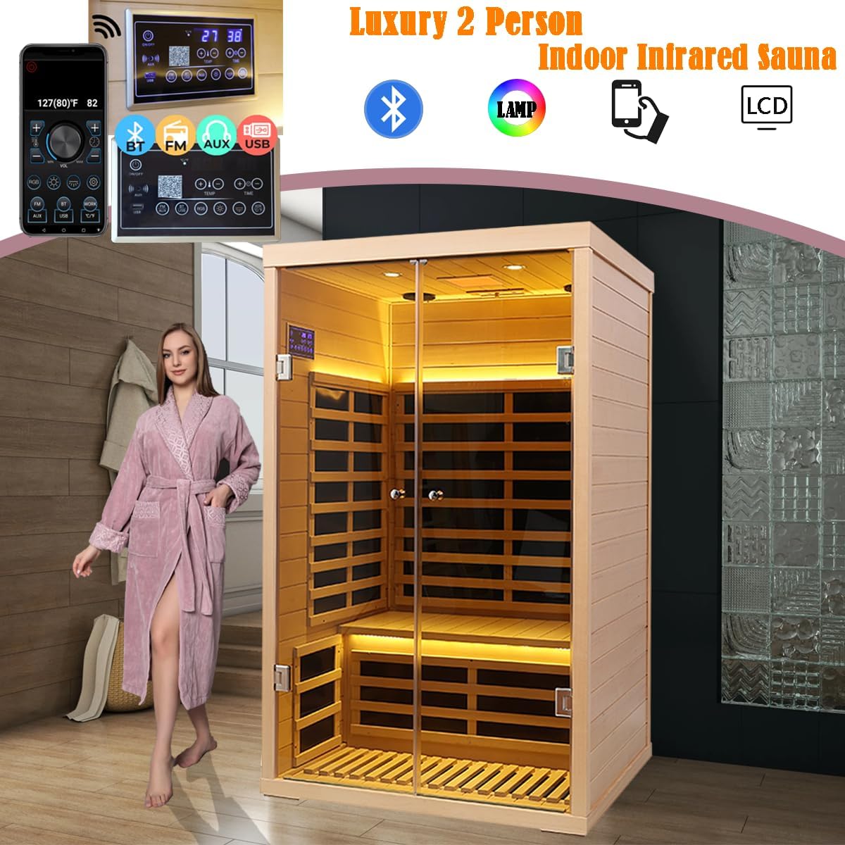 Hemlock 2 Person Low EMF Far Infrared Sauna, Home Indoor Sauna, Luxury Tempered Glass Doors