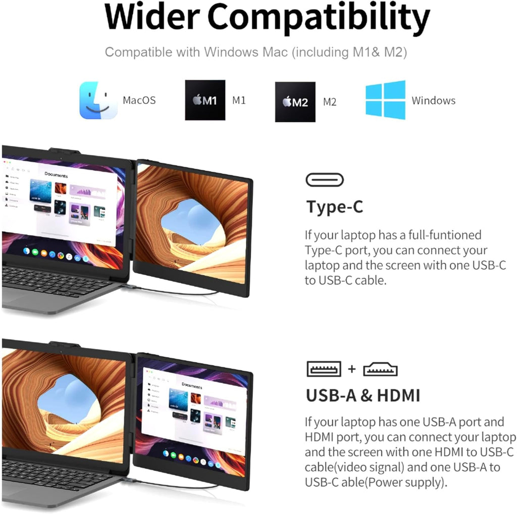 14" Dual Laptop Screen Extender – 1080P FHD, Plug & Play, USB-C/HDMI Compatible