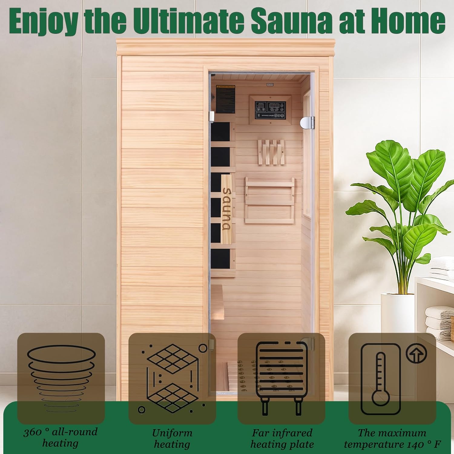 Far Infrared Sauna for 1 Person - 1050W Fast Heating, Canadian Hemlock Wood Home Sauna with Bluetooth Speaker
