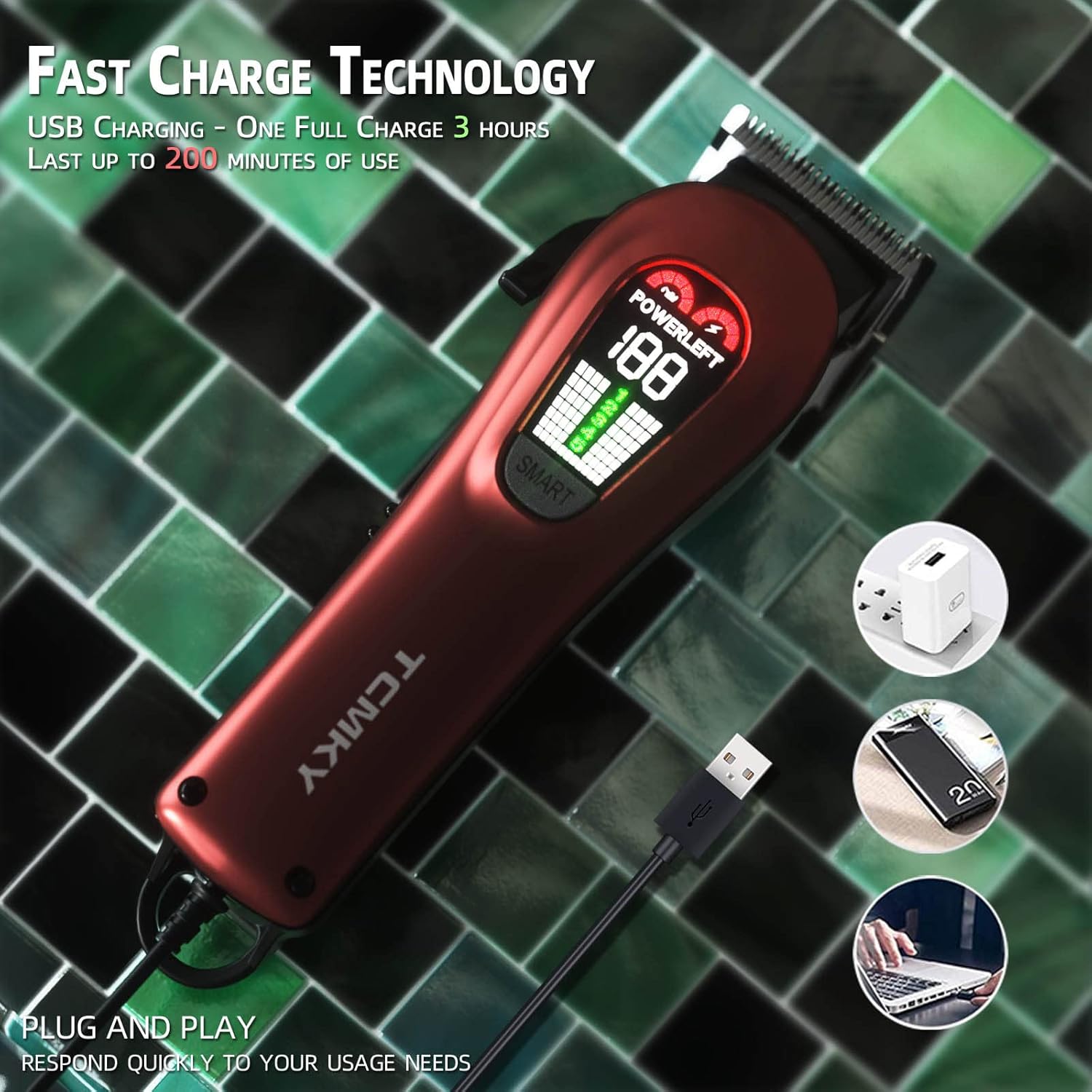 TCMKY Professional Hair Clippers for Men – Cordless/Corded, Rechargeable Trimmer Kit (Red)