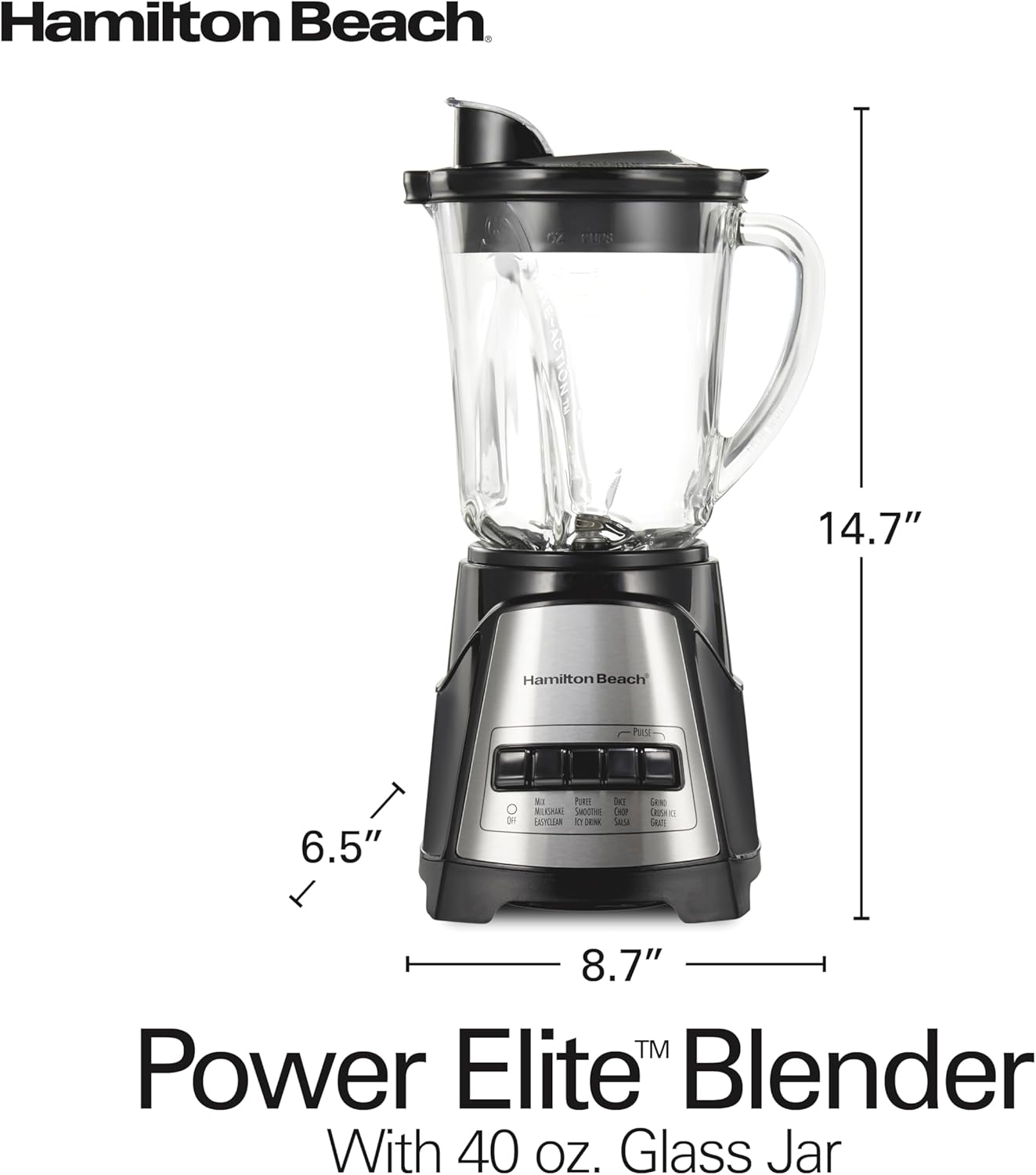 Hamilton Beach Power Elite Blender – 700W, 12 Functions, 40oz Glass Jar (58148A)