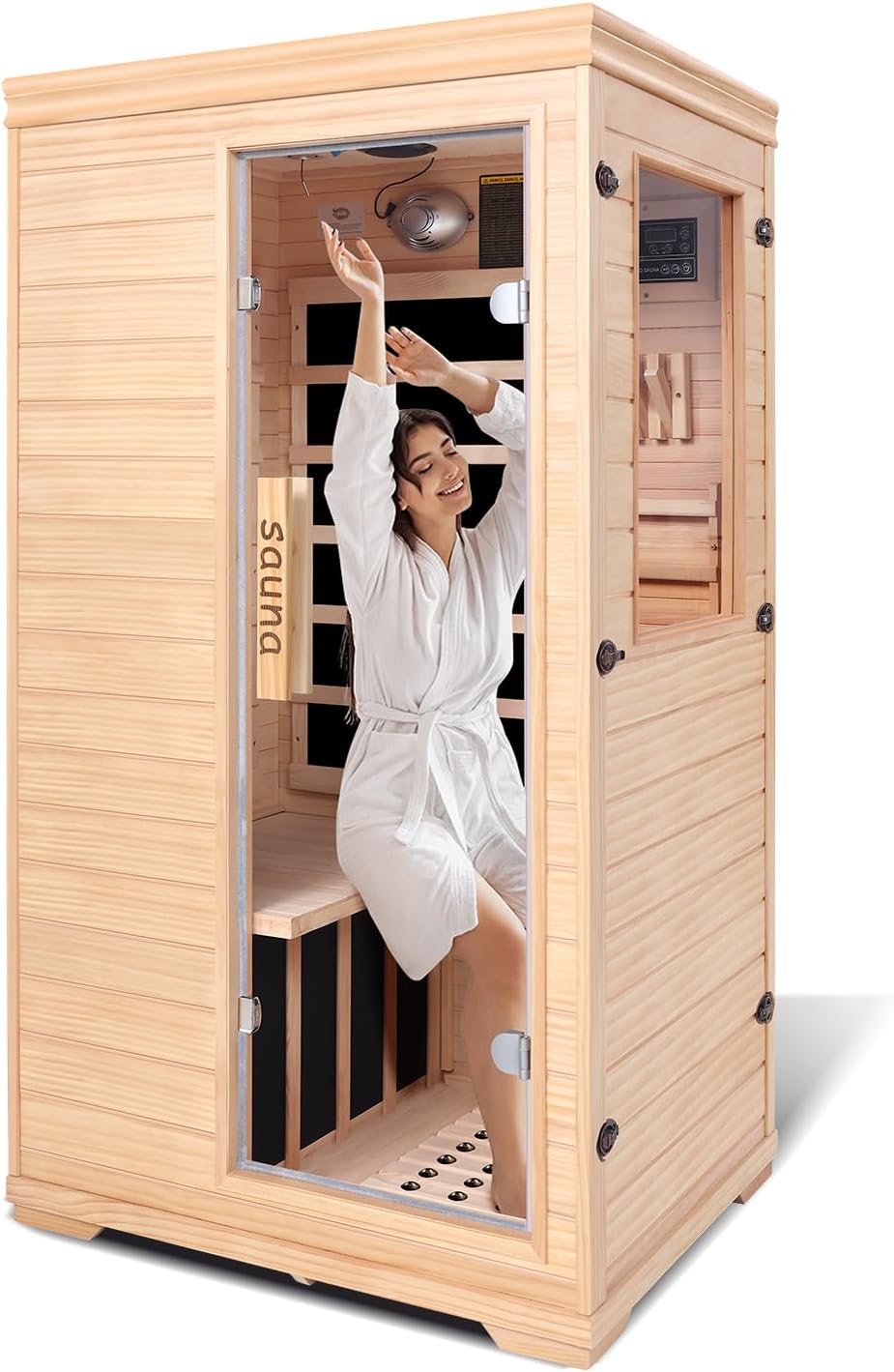 Far Infrared Sauna for 1 Person - 1050W Fast Heating, Canadian Hemlock Wood Home Sauna with Bluetooth Speaker