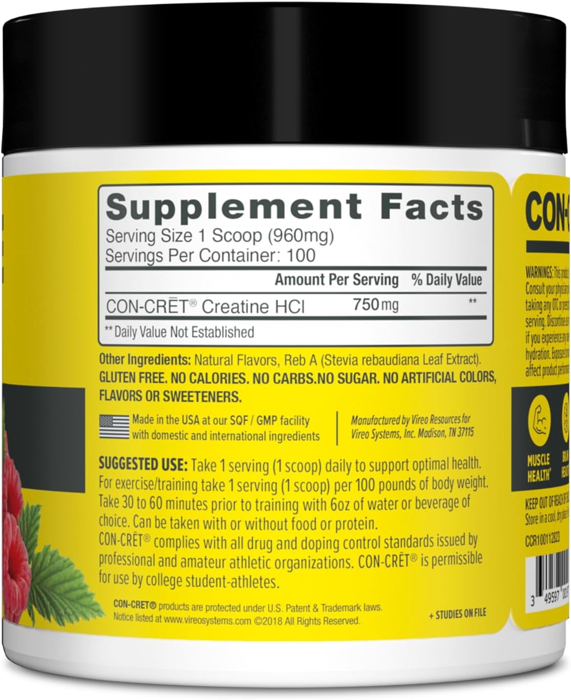 CON-CRET Creatine HCl Powder, Raspberry, 100 Servings
