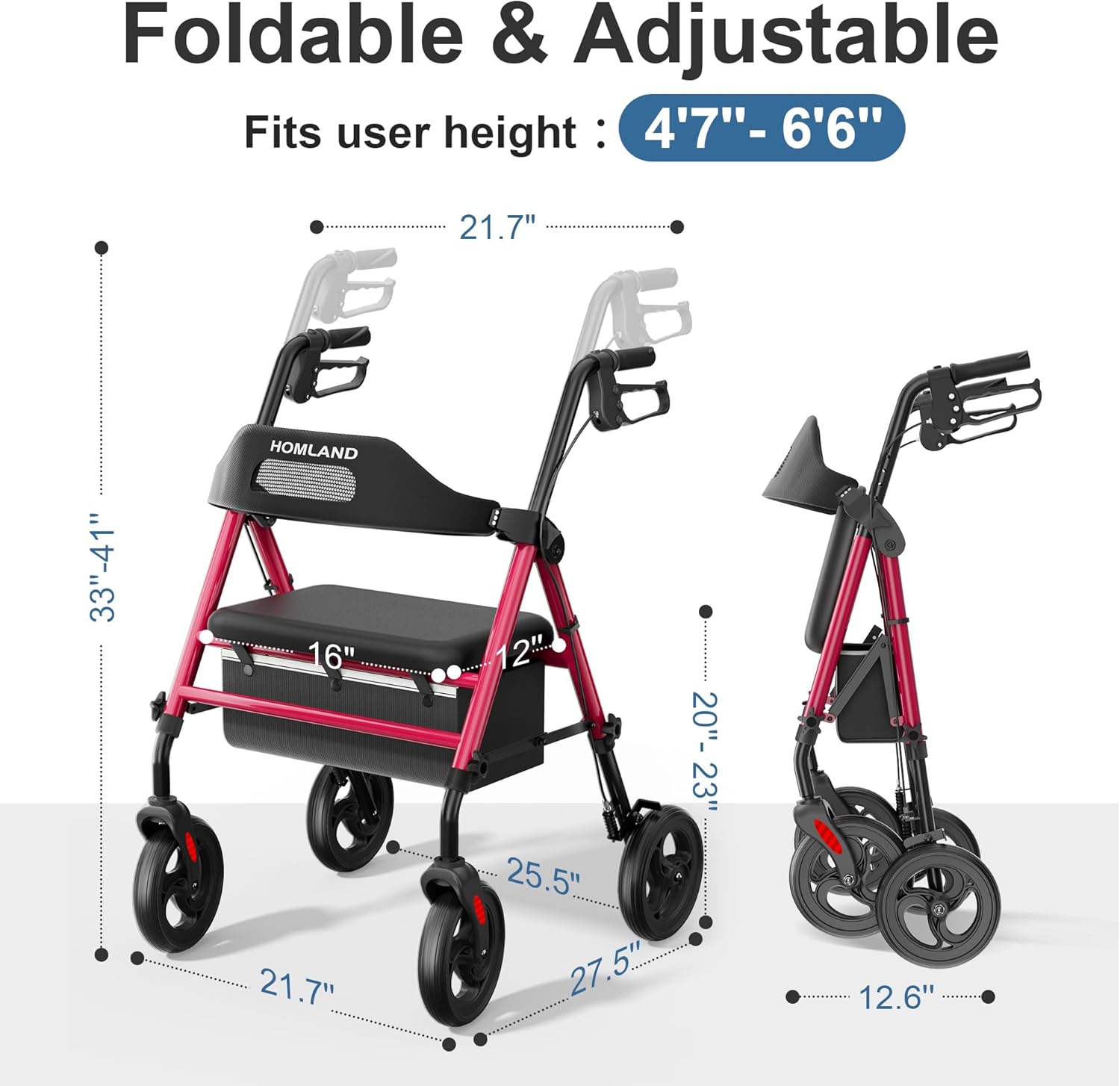 HOMLAND Foldable Rollator Walker with Seat, 8” Wheels, 350 lb Capacity, Red