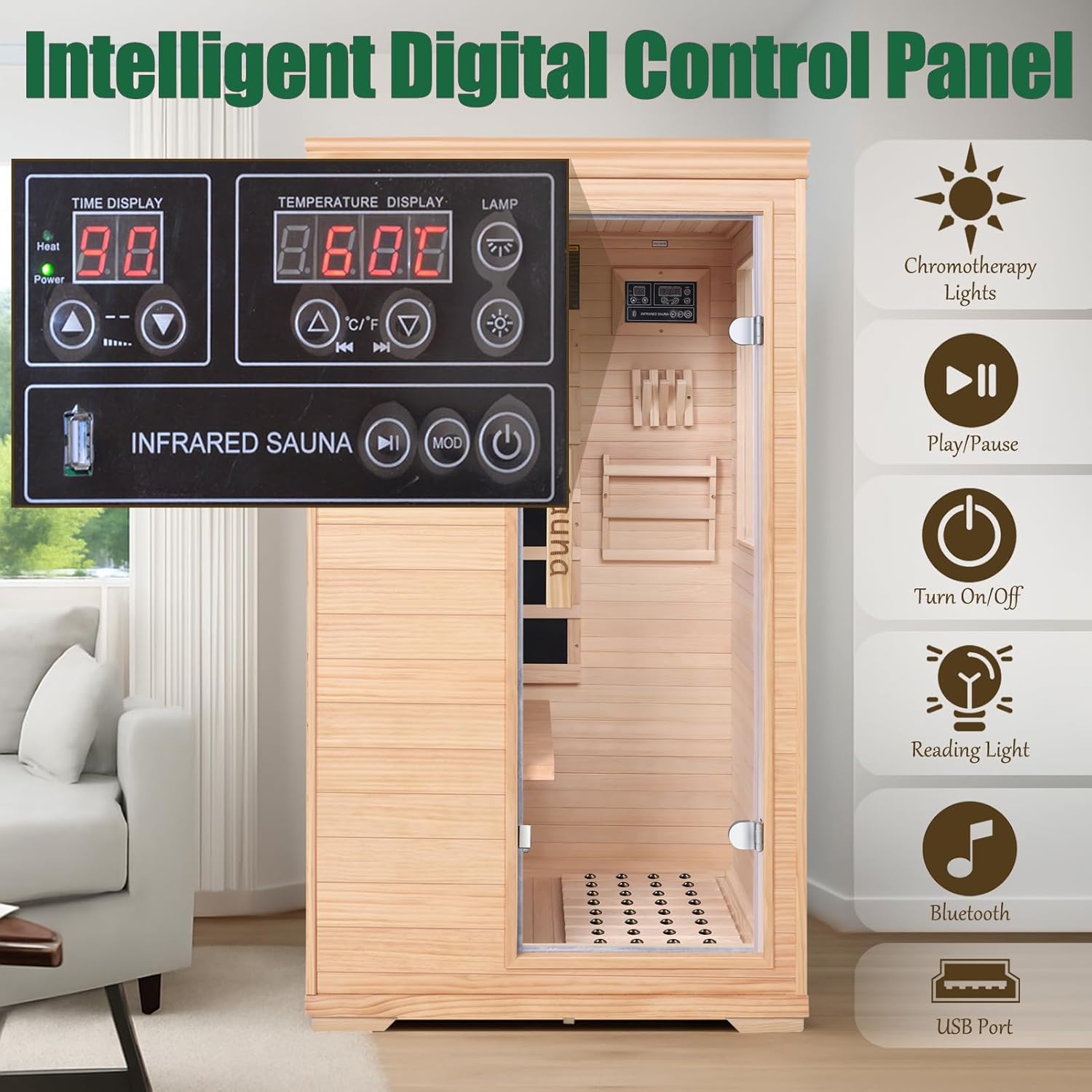 Far Infrared Sauna for 1 Person - 1050W Fast Heating, Canadian Hemlock Wood Home Sauna with Bluetooth Speaker