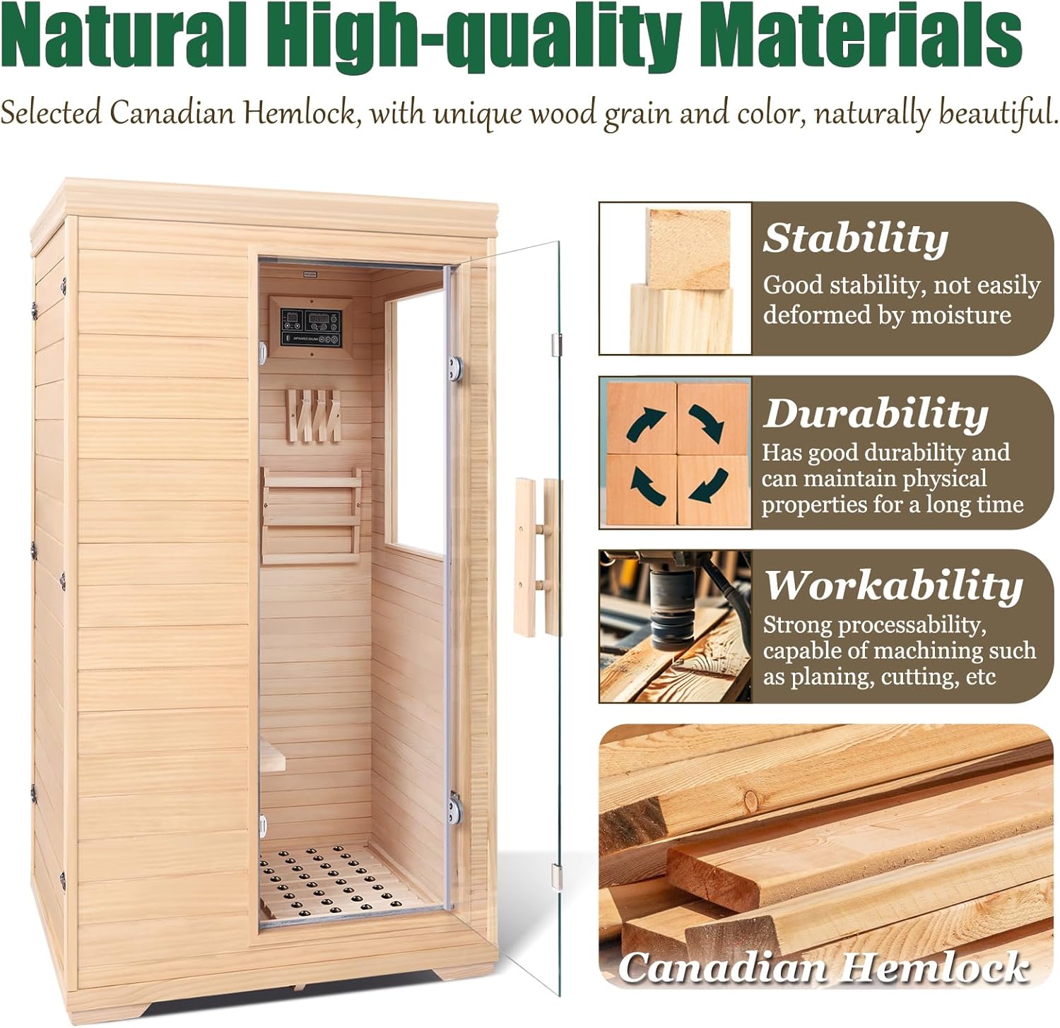 Far Infrared Sauna for 1 Person - 1050W Fast Heating, Canadian Hemlock Wood Home Sauna with Bluetooth Speaker