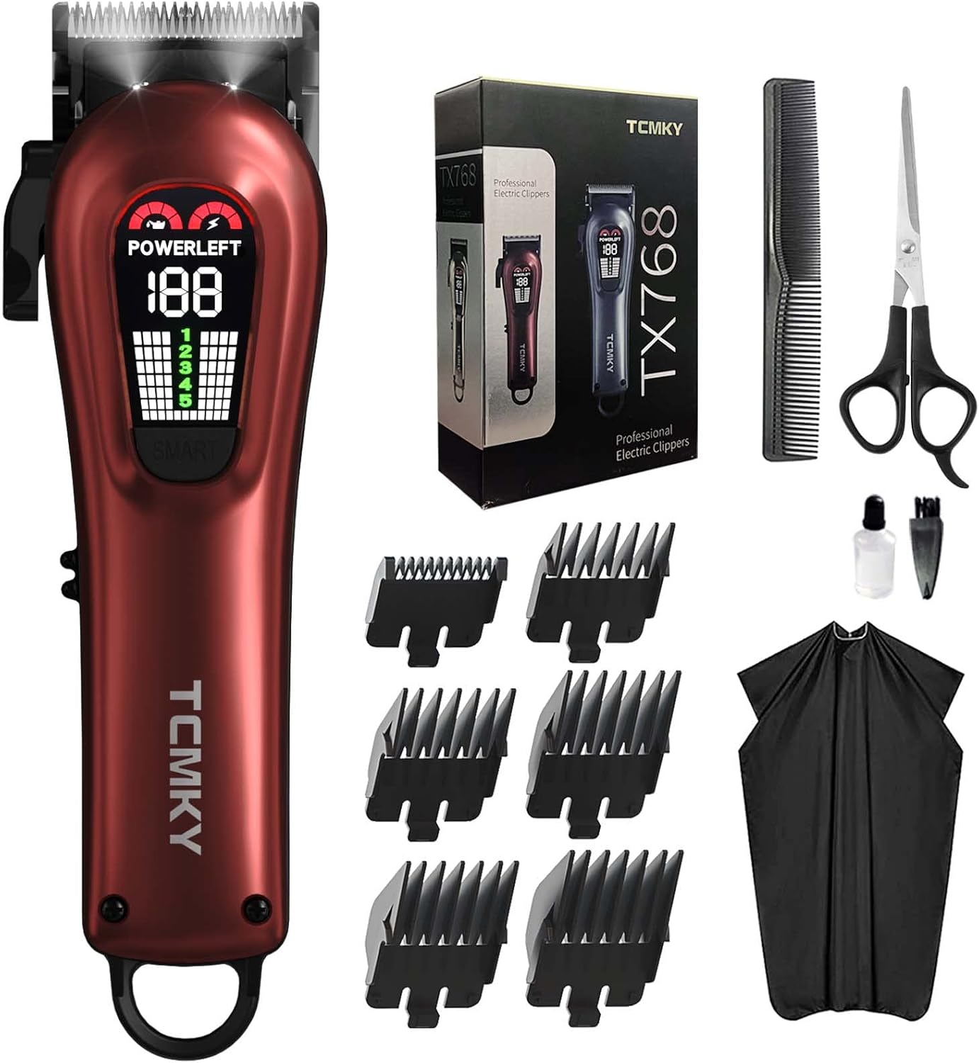 TCMKY Professional Hair Clippers for Men – Cordless/Corded, Rechargeable Trimmer Kit (Red)