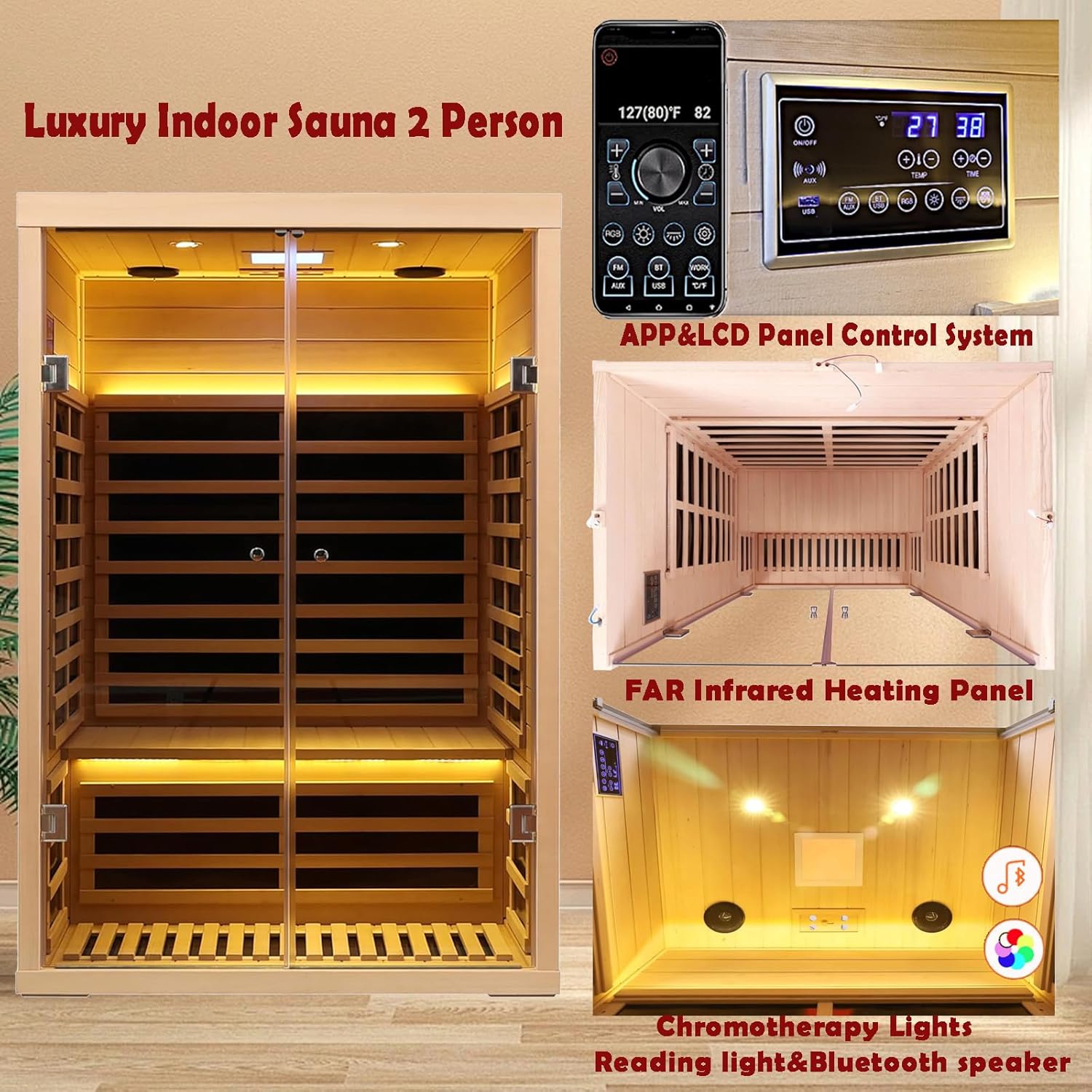 Hemlock 2 Person Low EMF Far Infrared Sauna, Home Indoor Sauna, Luxury Tempered Glass Doors
