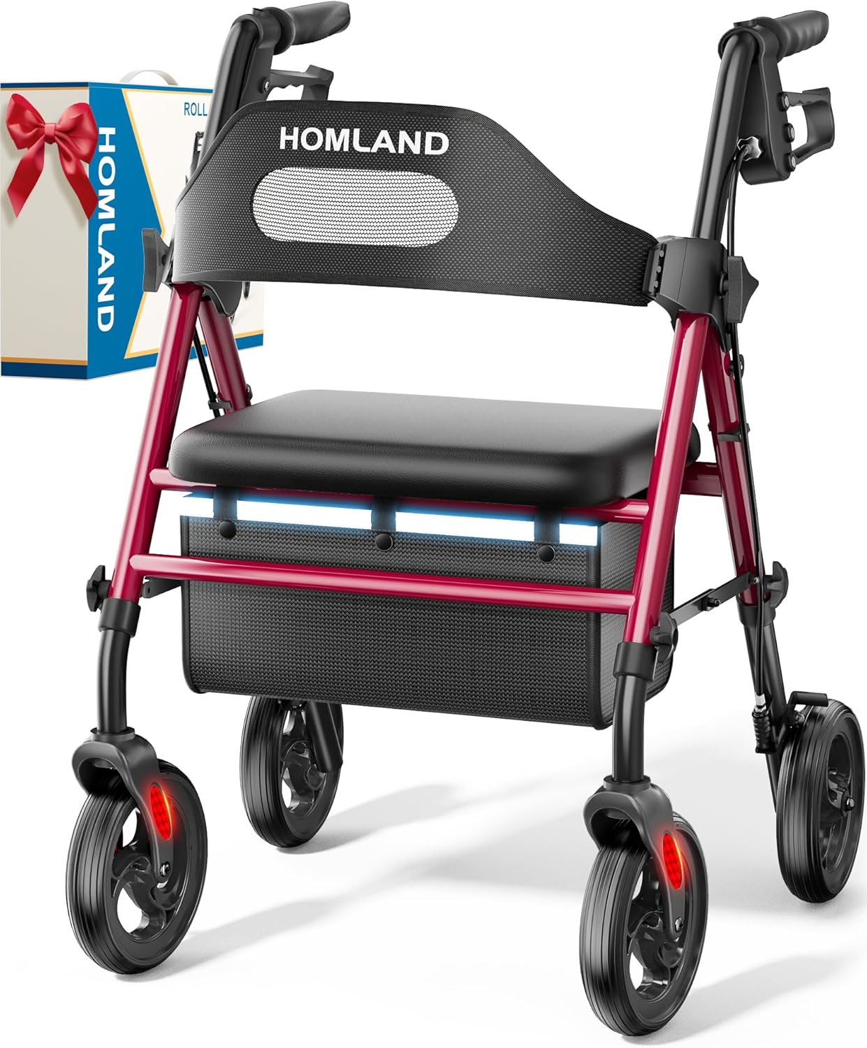 HOMLAND Foldable Rollator Walker with Seat, 8” Wheels, 350 lb Capacity, Red