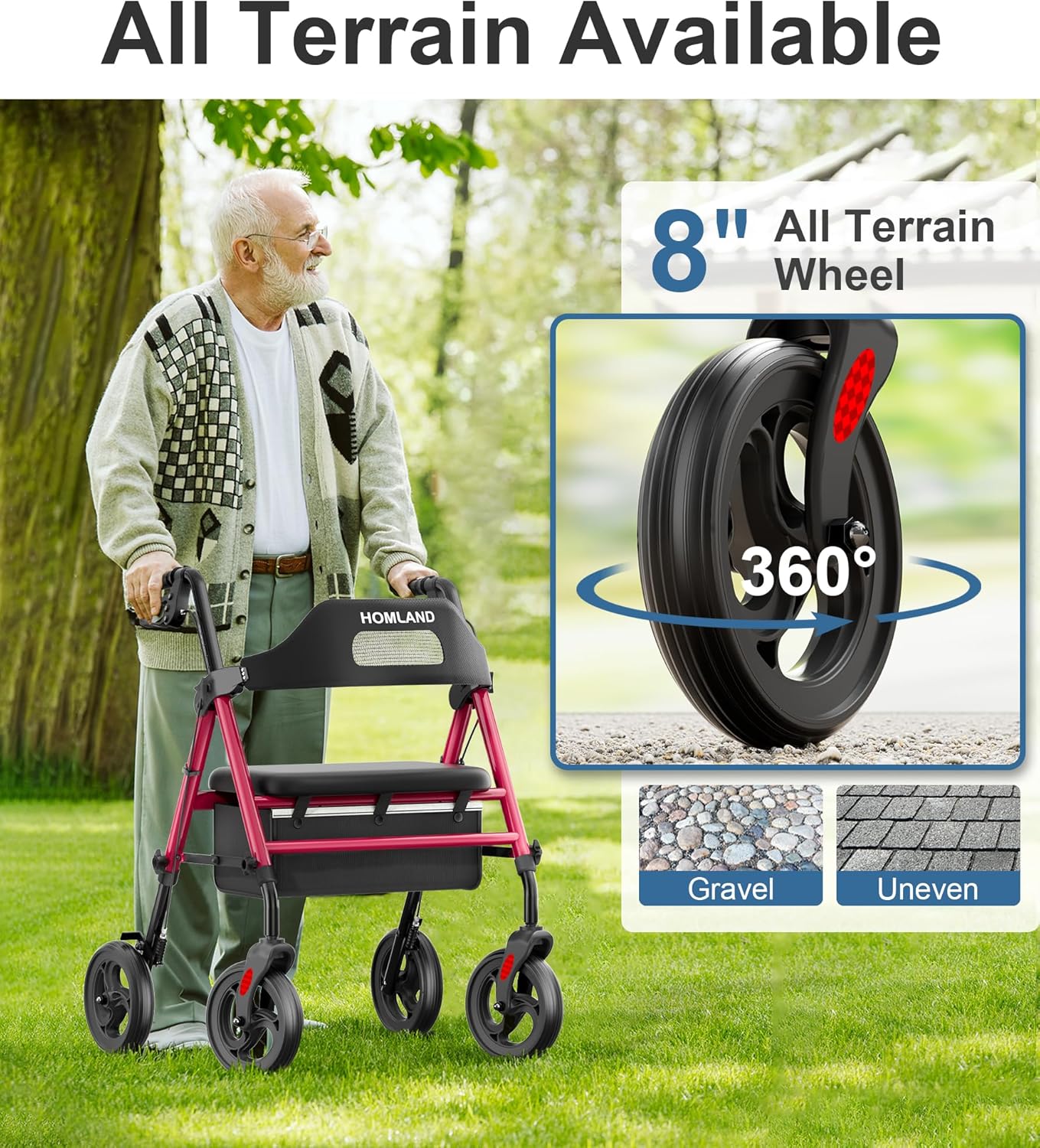 HOMLAND Foldable Rollator Walker with Seat, 8” Wheels, 350 lb Capacity, Red