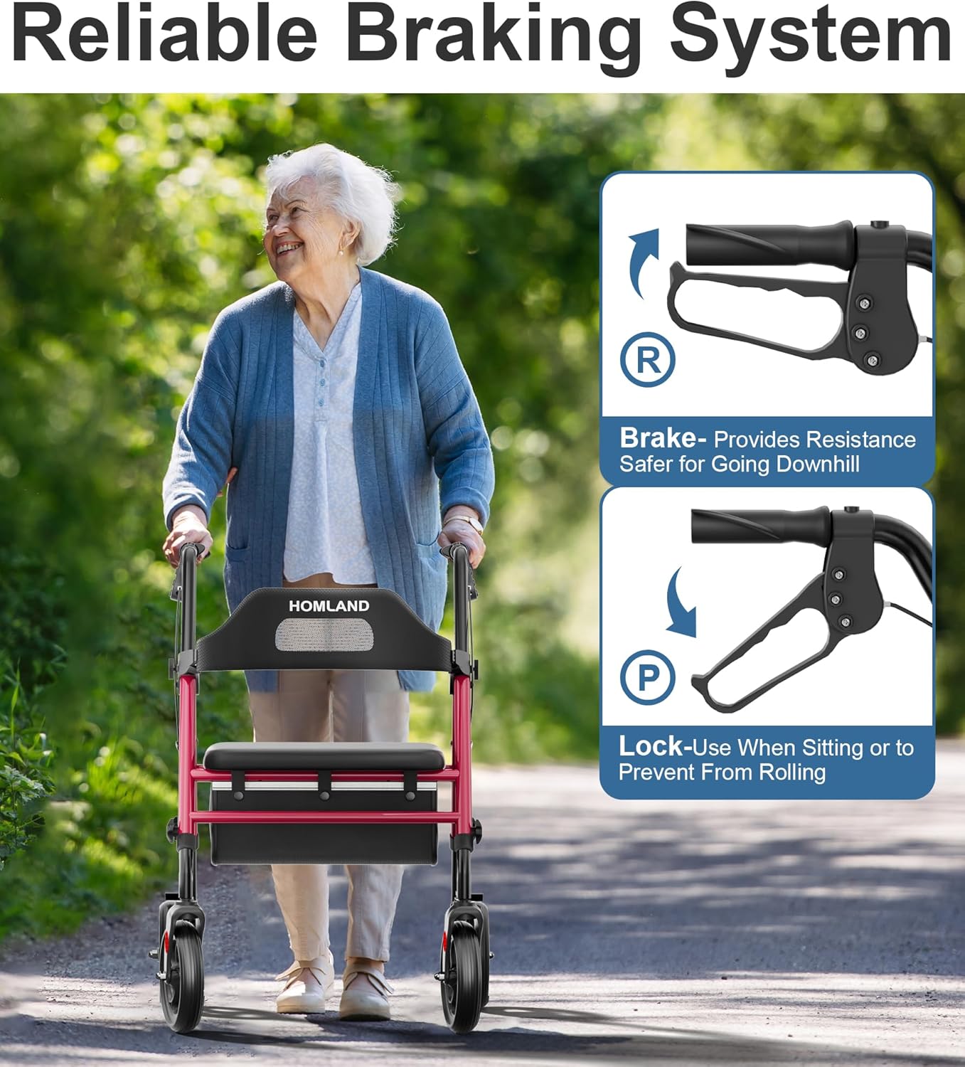 HOMLAND Foldable Rollator Walker with Seat, 8” Wheels, 350 lb Capacity, Red