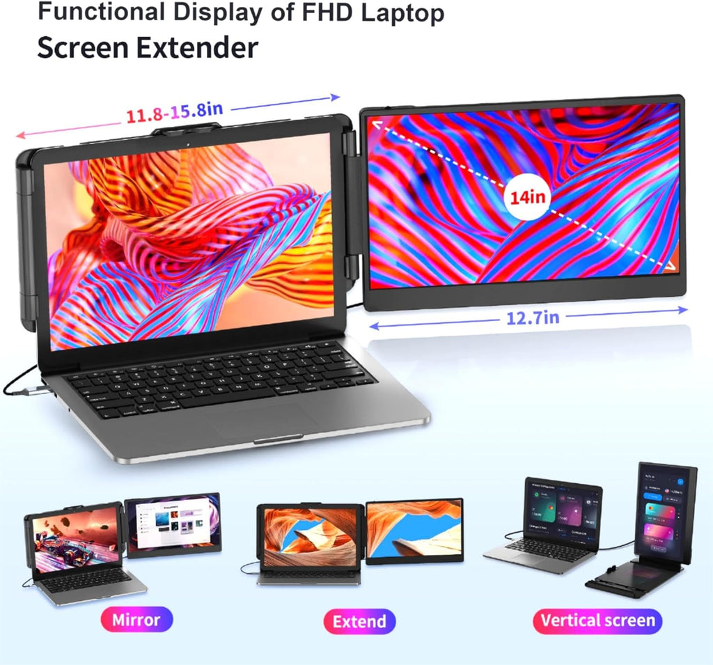 14" Dual Laptop Screen Extender – 1080P FHD, Plug & Play, USB-C/HDMI Compatible