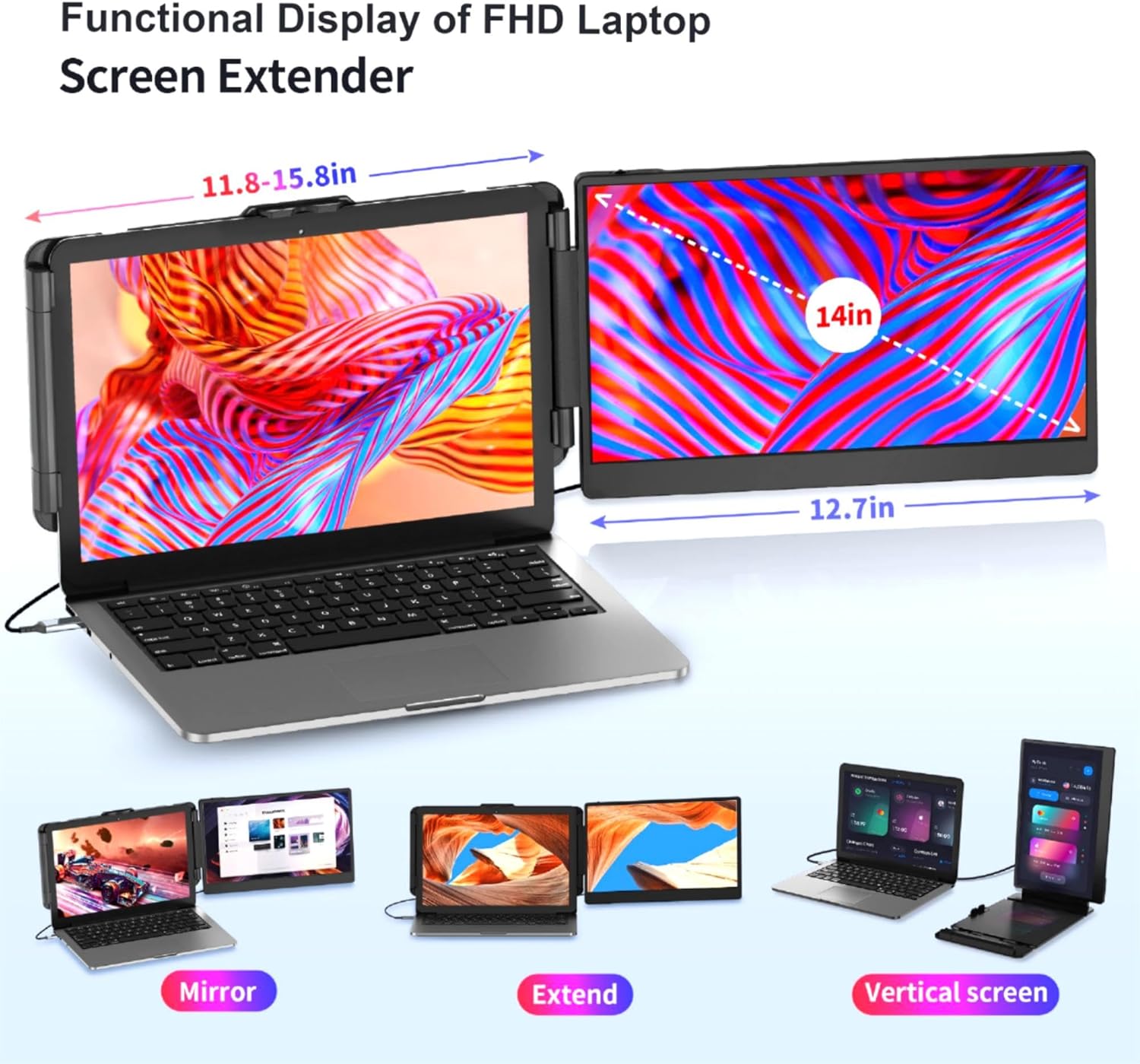 14" Dual Laptop Screen Extender – 1080P FHD, Plug & Play, USB-C/HDMI Compatible