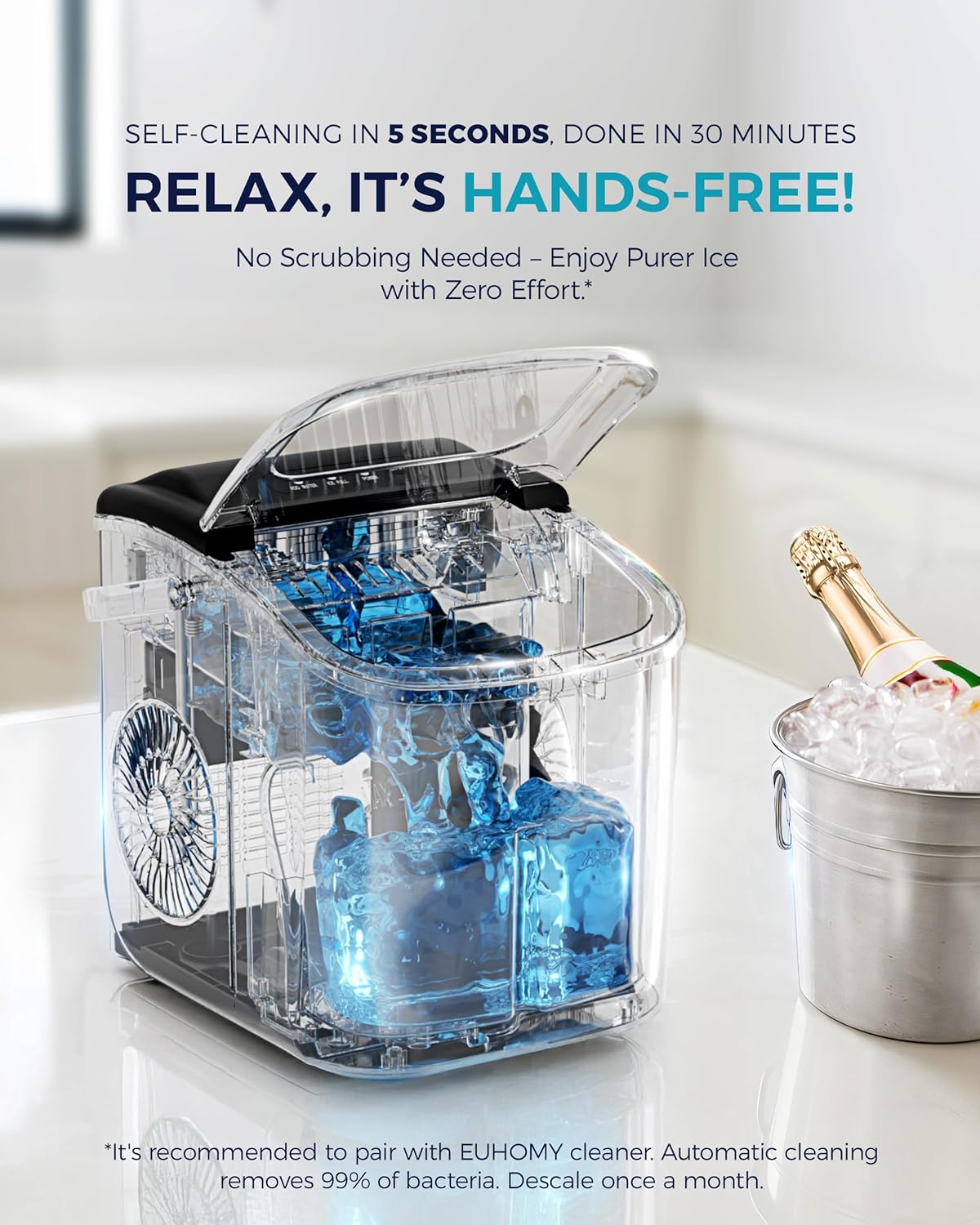 EUHOMY Countertop Ice Maker Machine with Handle, 26lbs in 24Hrs, 9 Ice Cubes Ready in 6 Mins, Auto-Cleaning Portable Ice Maker with Basket and Scoop