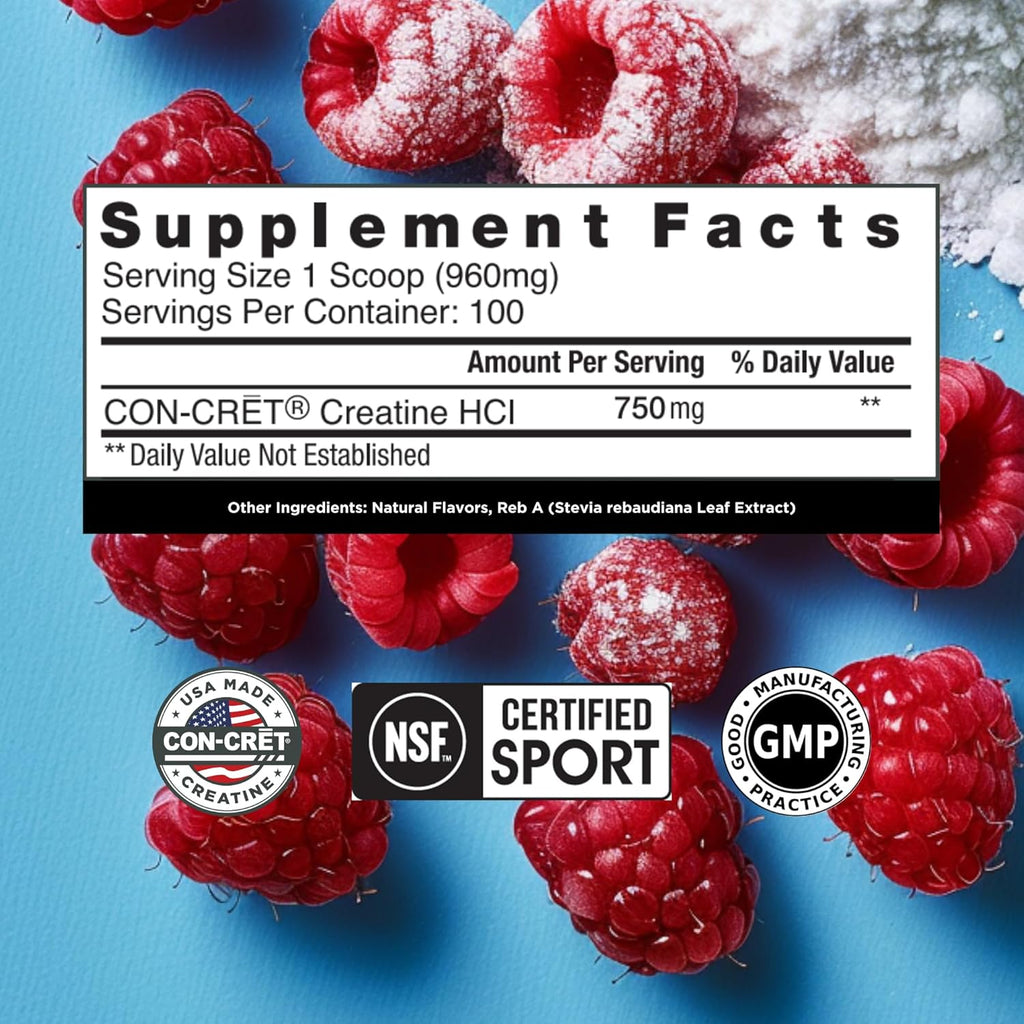 CON-CRET Creatine HCl Powder, Raspberry, 100 Servings