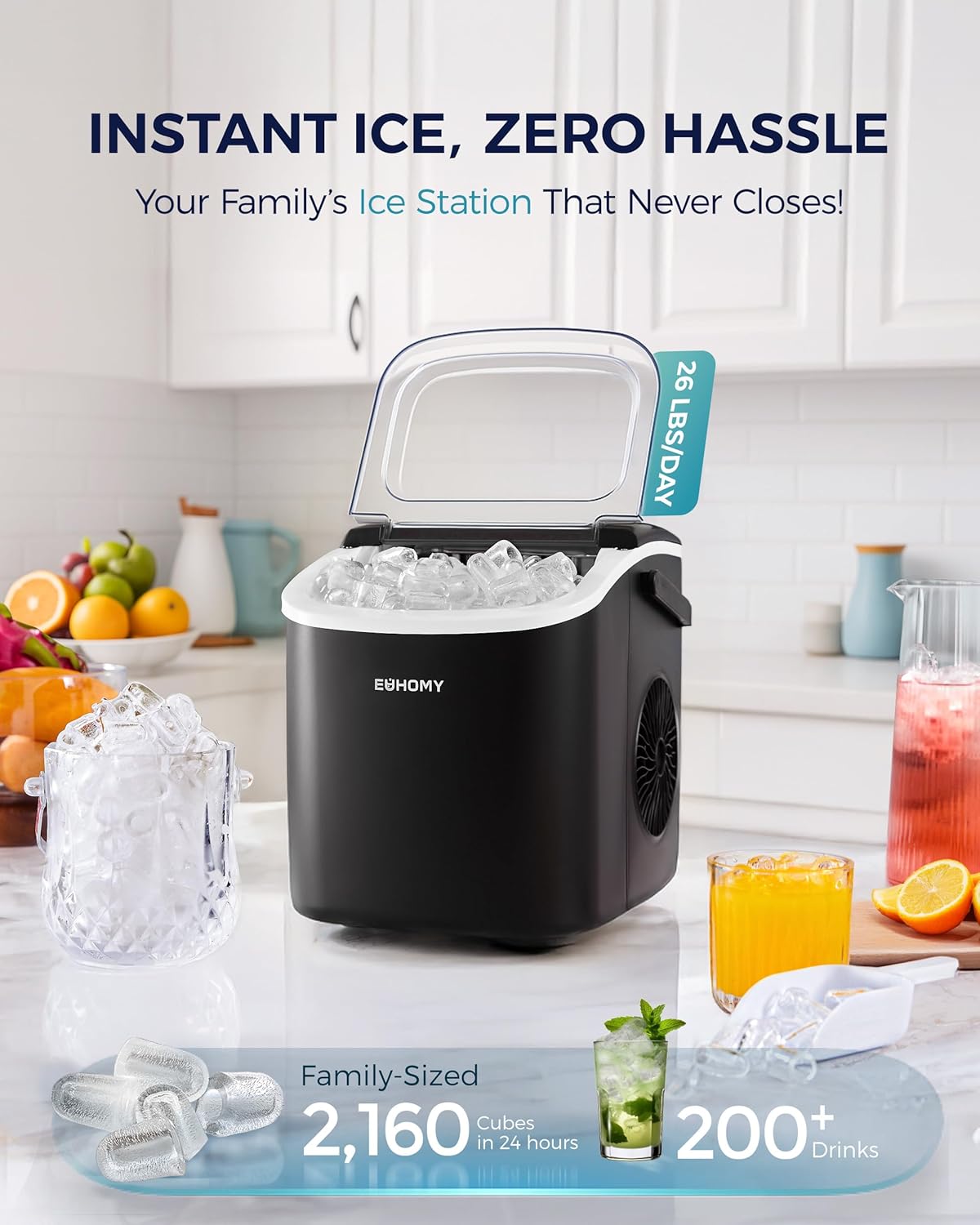 EUHOMY Countertop Ice Maker Machine with Handle, 26lbs in 24Hrs, 9 Ice Cubes Ready in 6 Mins, Auto-Cleaning Portable Ice Maker with Basket and Scoop