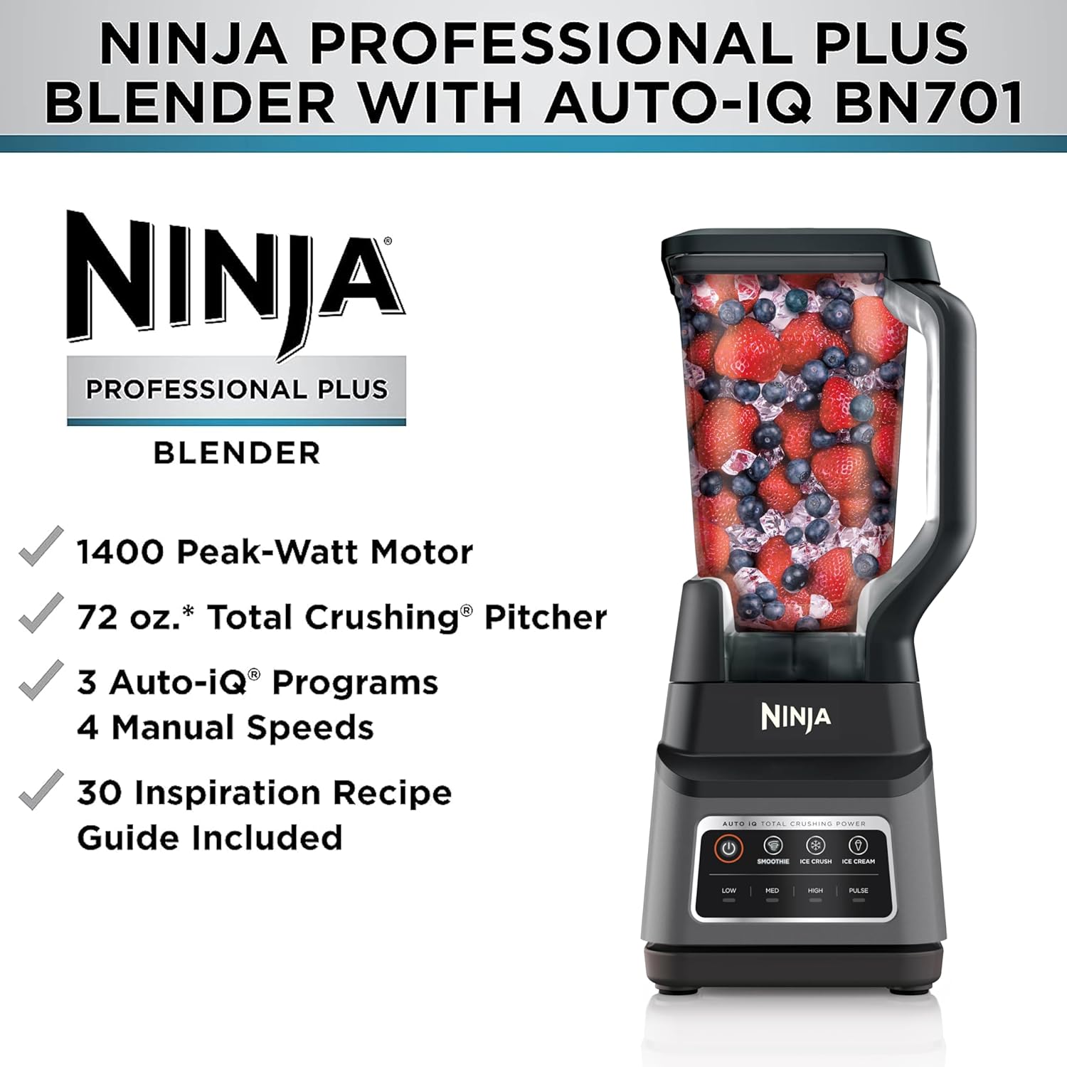 Ninja BN701 Blender – 1400W, 3 Auto-iQ Functions, 72-oz Pitcher, Dark Grey