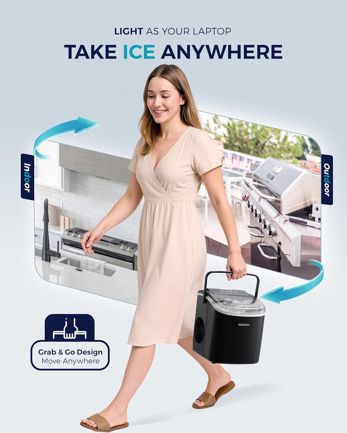 EUHOMY Countertop Ice Maker Machine with Handle, 26lbs in 24Hrs, 9 Ice Cubes Ready in 6 Mins, Auto-Cleaning Portable Ice Maker with Basket and Scoop