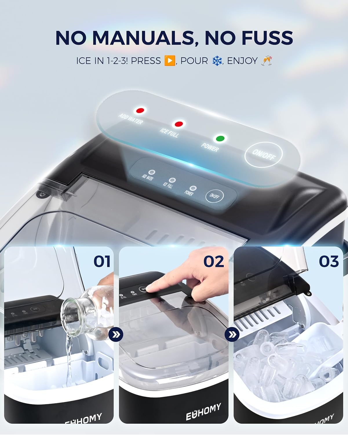 EUHOMY Countertop Ice Maker Machine with Handle, 26lbs in 24Hrs, 9 Ice Cubes Ready in 6 Mins, Auto-Cleaning Portable Ice Maker with Basket and Scoop