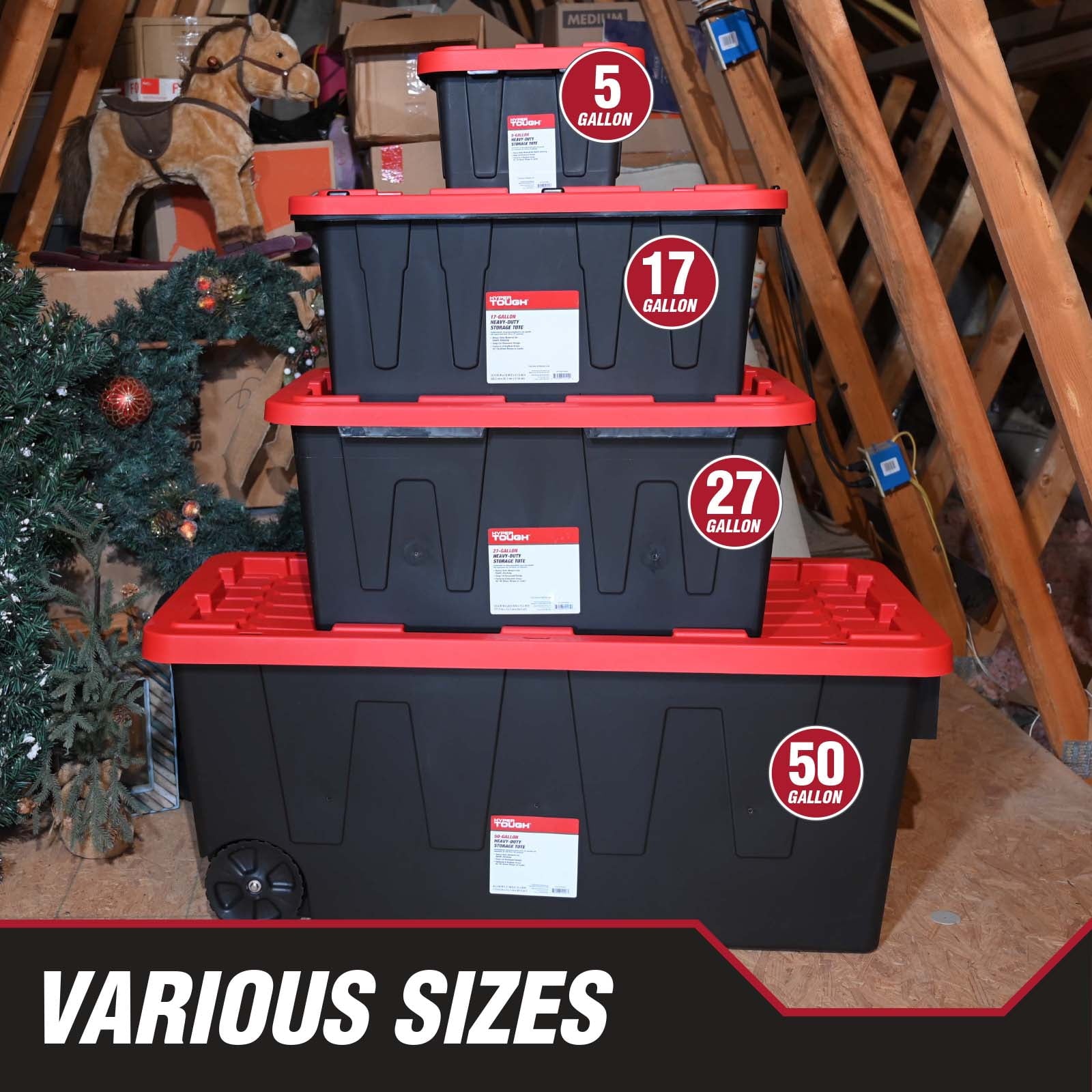 Hyper Tough Large Storage Bin, 27 Gallon Plastic Storage Container with Snap-On Lid, Black and Red