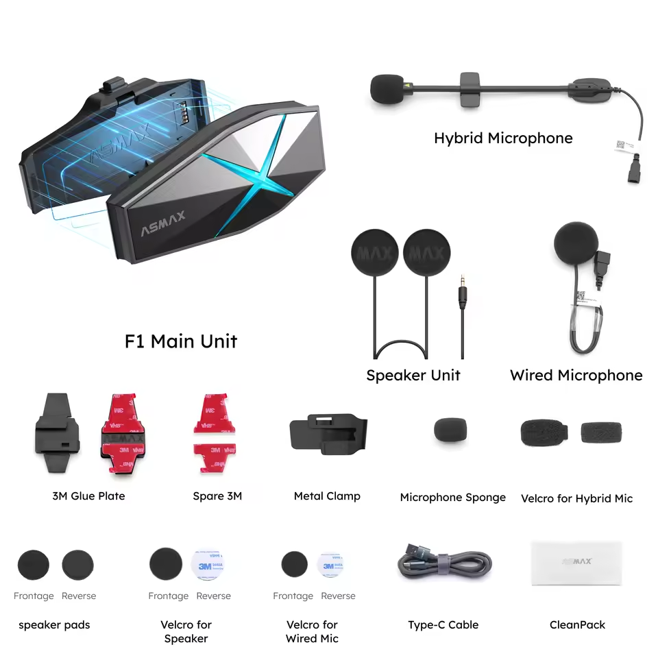 ASMAX F1 Bluetooth Motorcycle Intercom – 10 Riders, BT 5.3, IP67, HiFi Audio