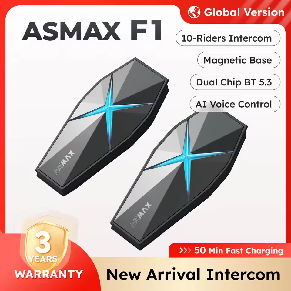 ASMAX F1 Bluetooth Motorcycle Intercom – 10 Riders, BT 5.3, IP67, HiFi Audio