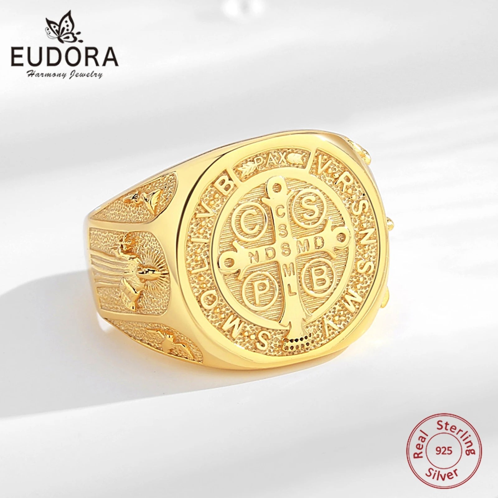 Eudora 925 Sterling Silver Saint Benedict Ring, Adjustable 18K Gold Amulet