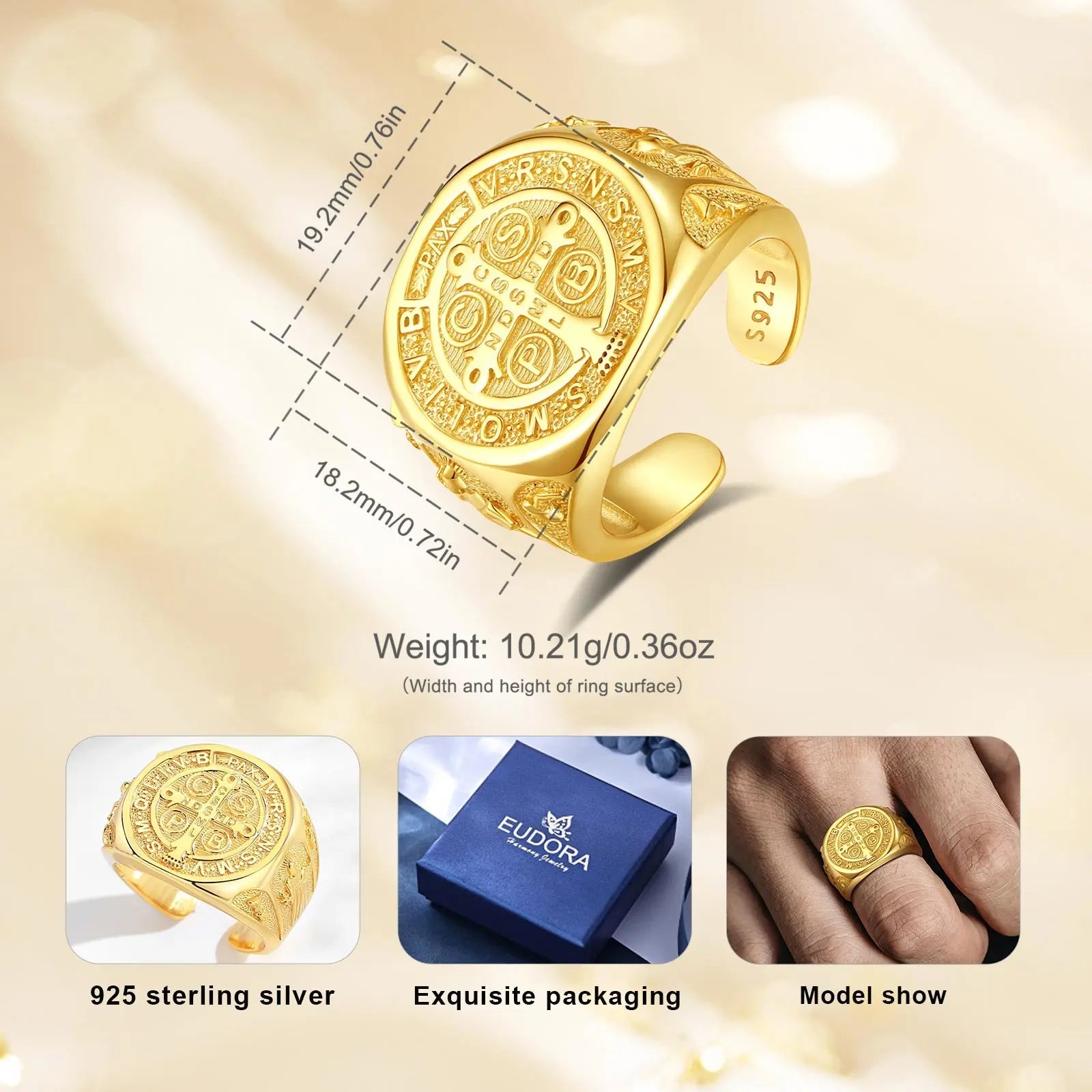 Eudora 925 Sterling Silver Saint Benedict Ring, Adjustable 18K Gold Amulet