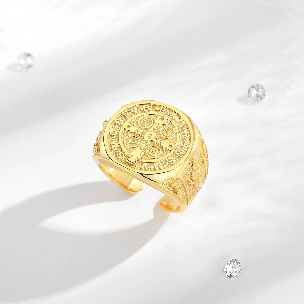 Eudora 925 Sterling Silver Saint Benedict Ring, Adjustable 18K Gold Amulet