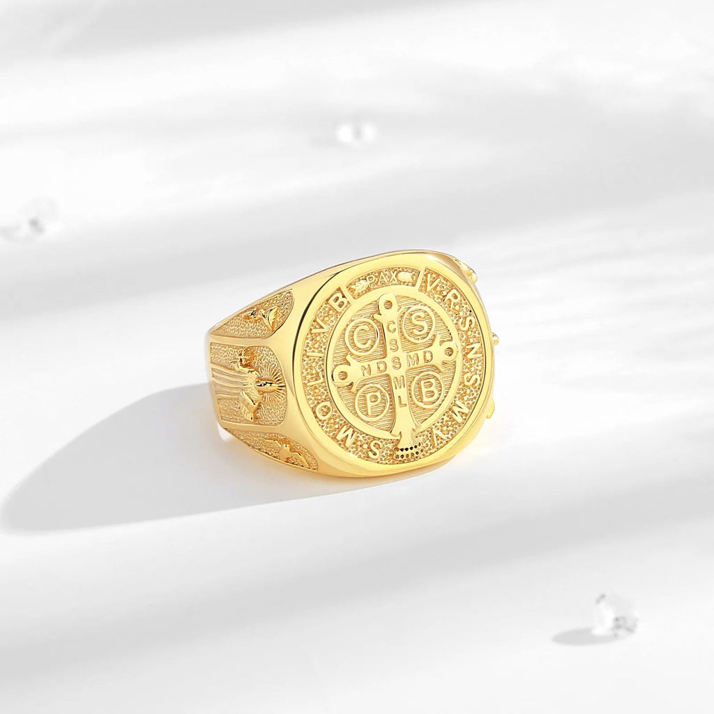 Eudora 925 Sterling Silver Saint Benedict Ring, Adjustable 18K Gold Amulet