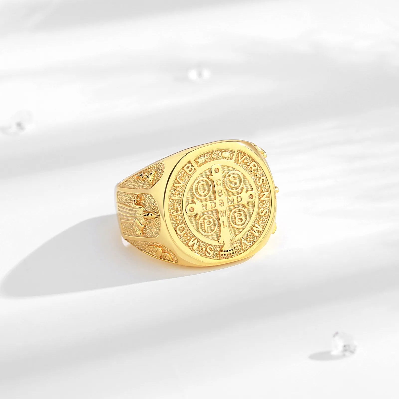 Eudora 925 Sterling Silver Saint Benedict Ring, Adjustable 18K Gold Amulet