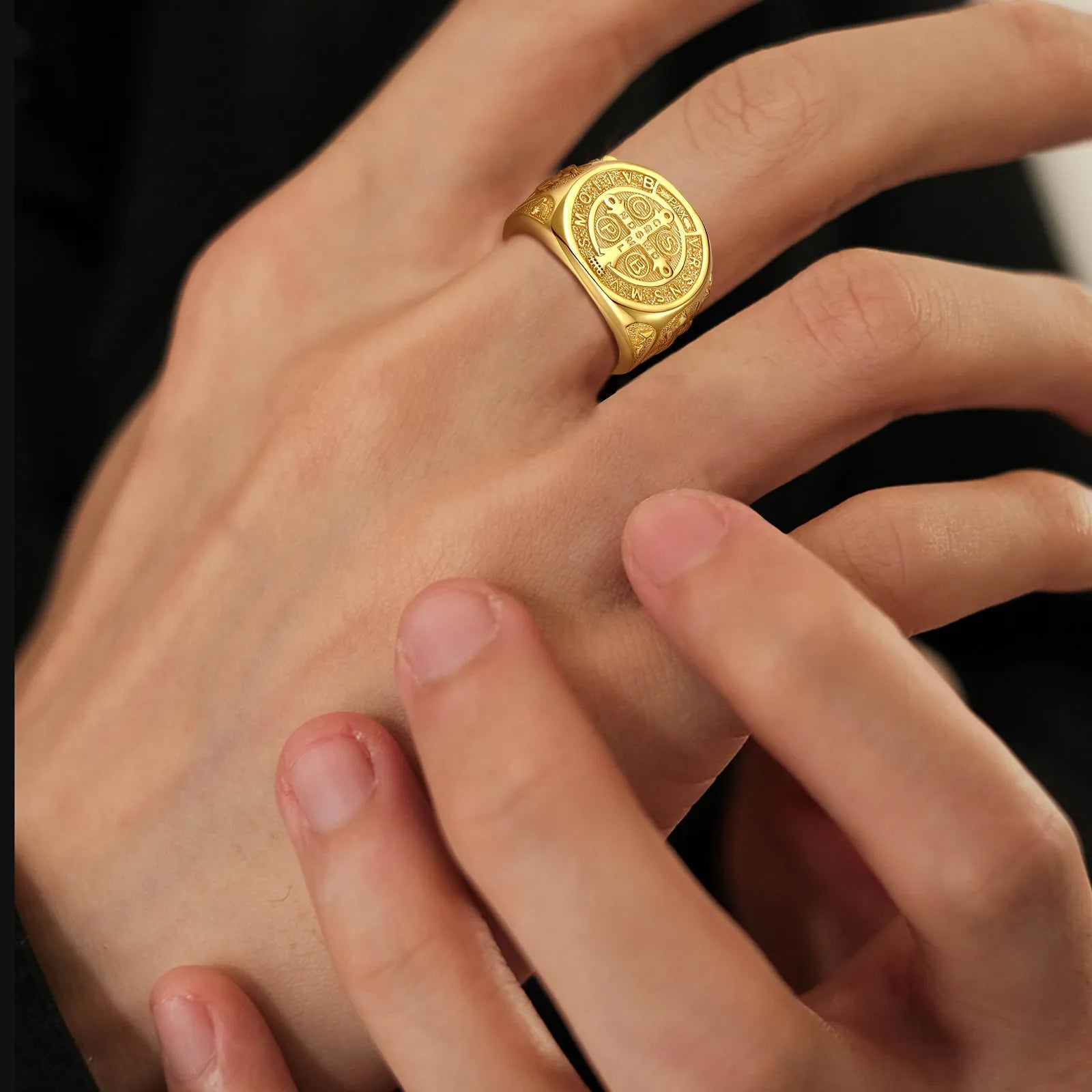 Eudora 925 Sterling Silver Saint Benedict Ring, Adjustable 18K Gold Amulet