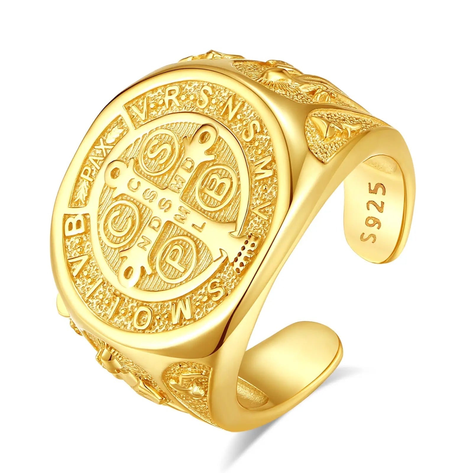 Eudora 925 Sterling Silver Saint Benedict Ring, Adjustable 18K Gold Amulet