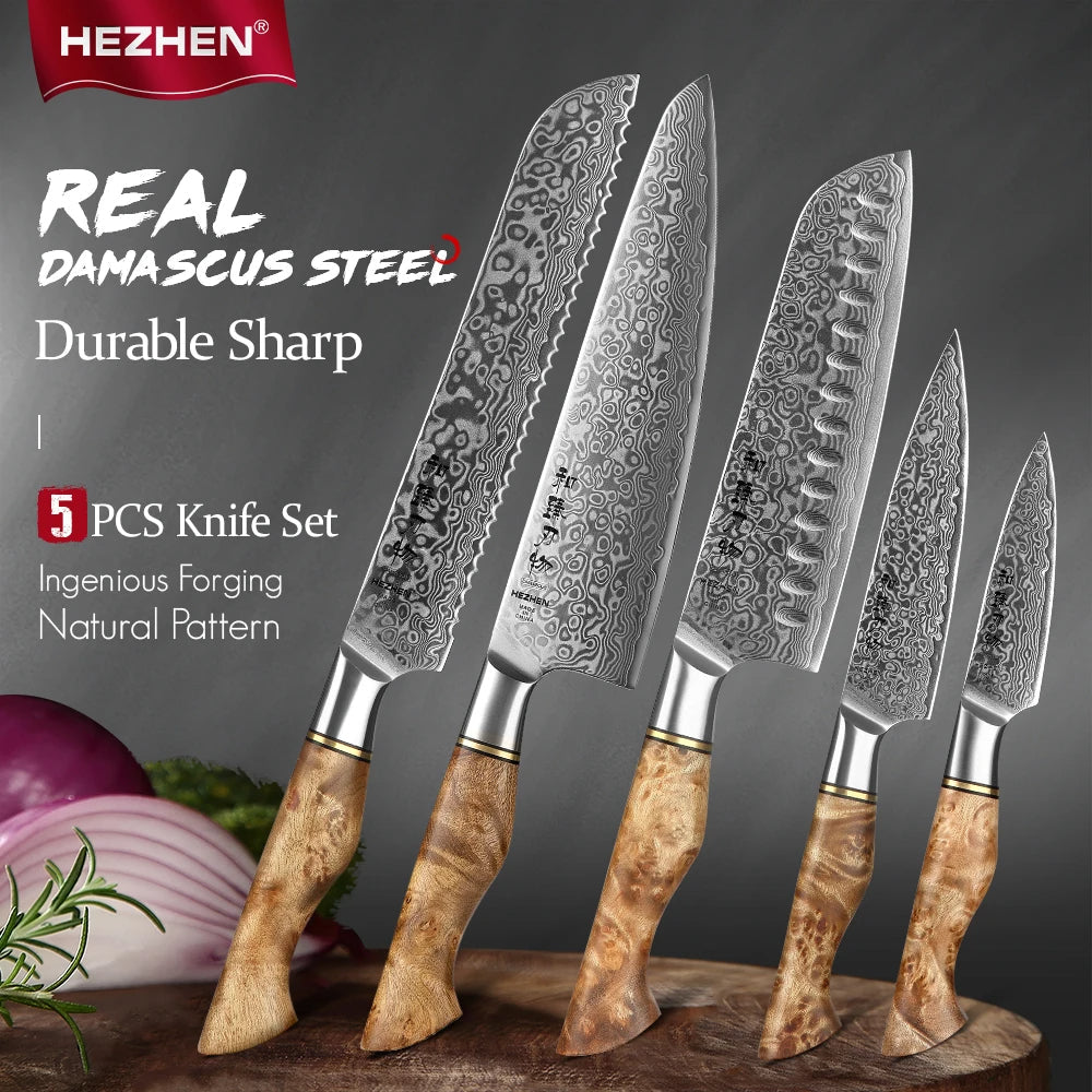 HEZHEN Damascus Knife Set – 5PCS Professional Chef, Santoku, Utility & Paring Knives